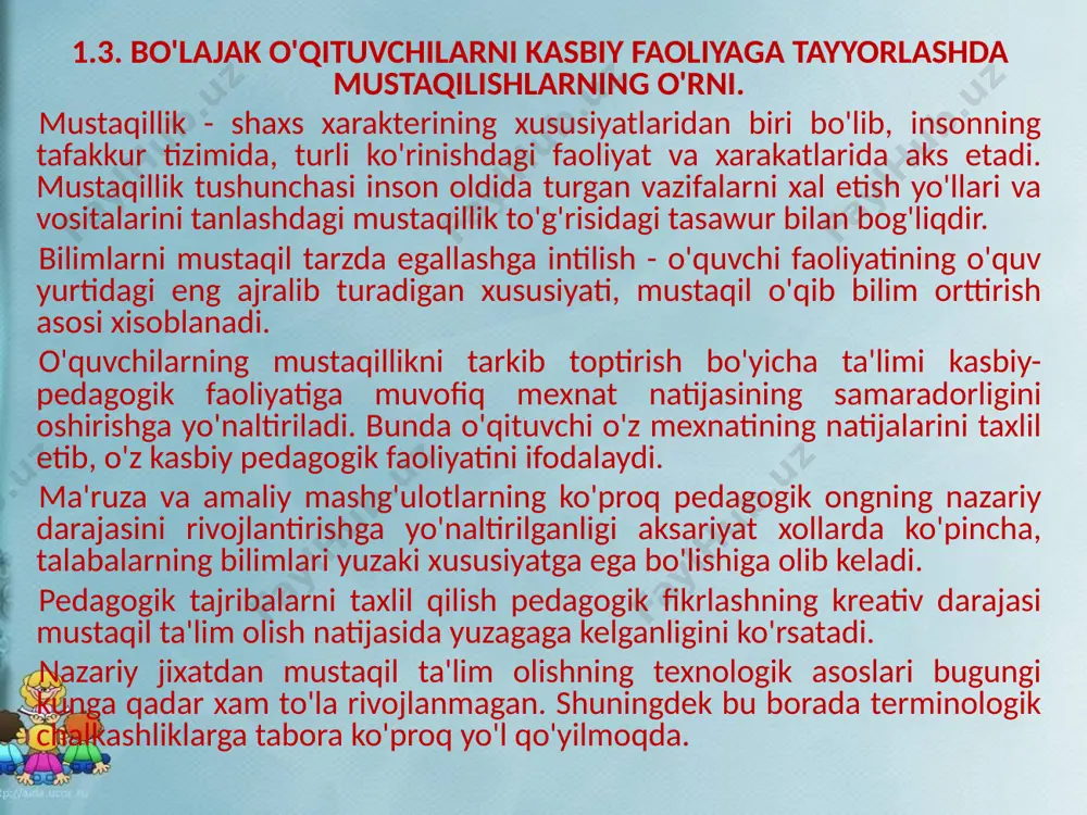 hish yo'lida bor kuchini sarf etish kabi xususiyatlar birligi. mustaqillik holati namoyo bo'lgan, biroq avtonomlik hususiyati ko'zga tashlanmasa, bu xol mustaqil bilim olishni emas, balki muammoli o'qitishning mavjudligidan dalolat beradi. demak, avtonolik - mustaqil bilim olishdan farq qiluvchi, moxiyatli belgi xisoblanadi. u o'quv va kasbiy faoliyat mustaqillilikni belgilaydi. bu sifatlar o'quv pedagogik masalalami turli variantlarini tushunishda va mavjud xolatni tanqidiy baxolshda namoyon bo'ladi. mustaqil bilim olishning muvaffaqiyatli rivojlanishi ko'p jixatdan o'zini boshqarish qobilyatining rivojlanishi bilan bog'liq. mustaqil bilim oishda ditaktik tamoyillar xamda pedagogik texnologiyalar asosiy ro'l o'ynaydi. mustaqil bilim olayotgan sub'ektning ta'lim jarayonida xech kim o'qishga majbur etmasligi muximdir. ii bob. bo'lajak o'qituvchining kasbga doir amaliy ko'nikmalarini shakllantirish. 2.1 talabalarning kasbiy madaniyatini shakllantirishning moxiyati. oliy ta'limning davlat ta'lim standarti, o'quv fanlari bloklari mazmuniga qo'yiladigan talablarida "ta'lim va tarbiya jarayonini mustaqil fikrlaydigan qarorlar qabul qilishga qodir, har tomonlama rivqjlangan barkamol shaxsni shakllantirish ga yo'naltirilganligini ta'minlashi lozim" ligiga aloxida axamiyat berilgan. albatta …