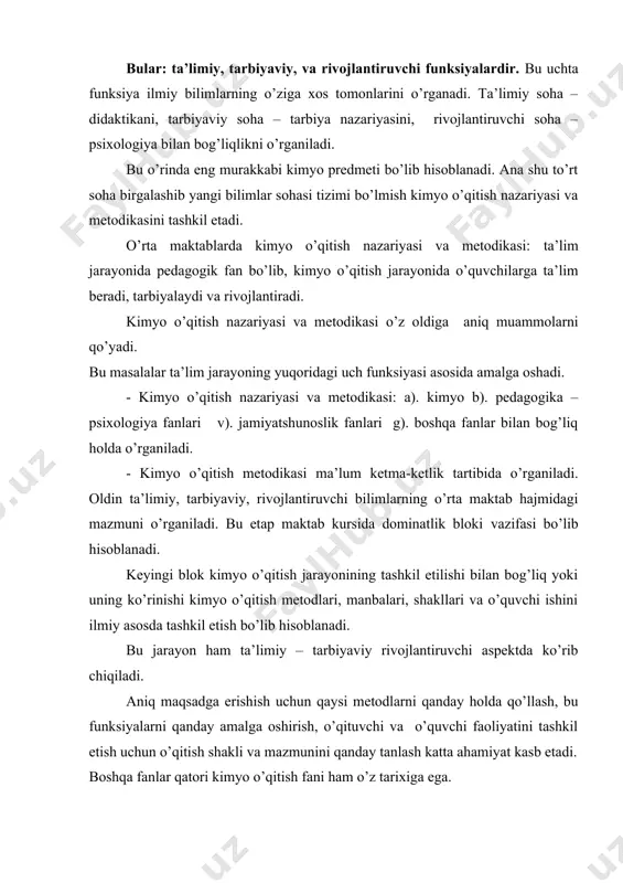 va mazmunini qanday tanlash katta ahamiyat kasb etadi. boshqa fanlar qatori kimyo o’qitish fani ham o’z tarixiga ega. kimyoni o’qitish shu fan tarixi bilan bog’liq. fandagi kashfiyotchilar shu fanni o’qitish bilan ham shug’ullanib kelganlar. albatta, buyuk kimyogar olimlar m. v. lomonosov, a. lavuaze, d. dalton, s. kanissaro, d. i. mendeleevlar kimyo fanining buyuk o’qituvchilari bo’lgan. kimyo o’qitishning eng katta yutig’i d. i. mendeleev kashf etgan kimyoviy elementlar davriy qonuni va davriy sistemasi bo’ldi. o’rta osiyo tabiiy fanlar rivojiga abu ali ibn sino, farobiy, beruniy, ulug’bek kabi olimlar katta hissa qo’shganlar. o’zbek kimyogarlari, metodistlari bu fanni o’qitishga keyingi vaqtda katta hissa qo’shdilar. organik birikmalarni o’rganishda o’zbekiston tabiiy organik birikmalarga boy mamlakat ekanligi haqida to’xtalib, akademiklar o.s.sodiqov, s.y.yunusov, x.n.oripovlar singari o’zbek olimlari va ularning shogirdlari tomonidan o’simlik mddalari kimyosini o’rganish borasida xalqaro miqiyosda katta ilmiy tadqiqot ishlari olib borganligi haqida, shuningdek h. shohidoyatov rahbarligida o’zbekiston fanlar akademiyasining o’simlik moddalar kimyosi instituti olimlari …