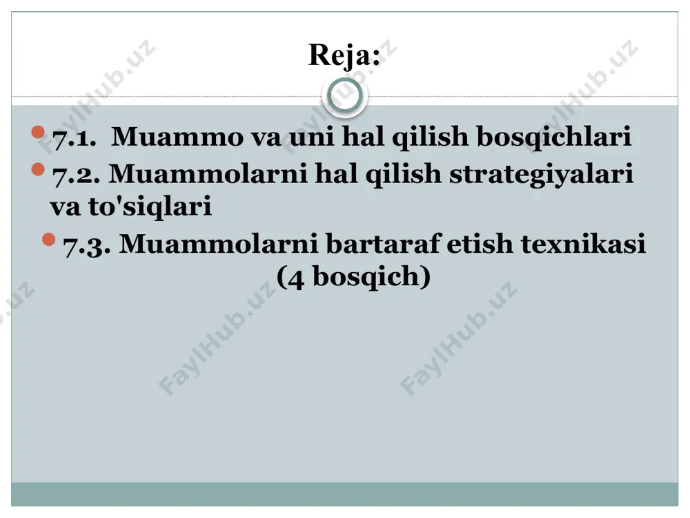ish, maqsadga alternativalarni topishga qaratilgan; turli xil imkoniyatlarni topishdan manfaatdor. baholash yoki qaror qabul qilishdan manfaatdor; g’oyani himoya qilishni yoqtirmaydi, hatto u haqiqat bo’lsa ham. ushbu g’oya hali ham takomillashtirilmagan deb taxmin qilinadi; yaxshi g’oya yaratish imkoniyatiga ega bo’lish uchun bunday yaxshi g’oyani topishga qiziqish bildiradi; hech qachon hukm qilinmaydi. qat’iylikni noto’g’ri deb hisoblaydi. lateral fikrlash ongning axborotlar bilan muomalasi bilan bevosita bog’liqdir; qadimgi g’oyalar, yangi g’oyalar va tushunchalarni yaratish turlarini o’zgartirish yoki konsepsiya qamoqxonalaridan chiqish bilan bog'liq kreativlik bilan chambarchas bog’liq. garchi ijodkorlik ko’pincha natija tavsifiga ega bo’lsa-da, lateral fikrlash jarayonning tavsifidir. vertikal va lateral fikrlashning o’ziga xos namunasi xulosa e’tiboringiz uchun tashakkur!!! image3.jpeg image4.jpeg image5.png image6.jpeg image7.png image8.png image9.jpeg image10.jpeg /docprops/thumbnail.jpeg