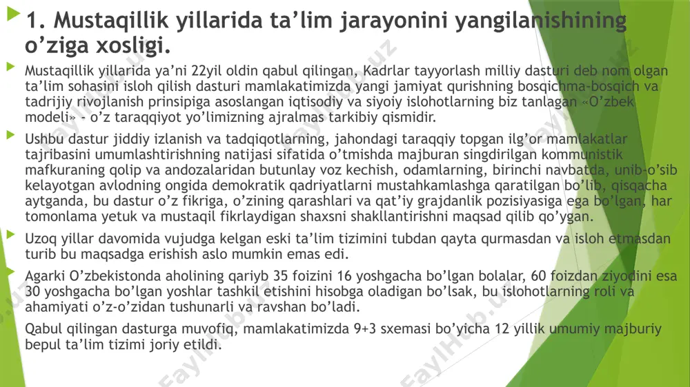 gi avlodi yaratildi. samarali tashkil etilgan tizim asosida ularni muntazam ravishda, ya’ni 2-3-sinflar uchun har 2 yilda, 5-9-sinlar uchun har 4 yilda takomillashtirish, zarur nusxada yangitdan chop etib borish yo’lga qo’yildi. ta’lim muassasalarida 9875ta fizika, 9487ta kimyo laboratoriya xonalari, 9390ta biologiya xonalari tashkil etilib, zamonaviy o’quv-laboratoriya jihozlari bilan to’ldirildi. shuningdek, barcha ta’lim muassasalaridagi «ma’naviyat va ma’rifat», kasbga yo’naltirish, chizmachilik, tasviriy san’at va rassomlik, chet tili xonalari hamda faollar zali, tibbiyot xonasi, ma’muriy-metodik xona va barcha turar joylar zamonaviy mebel va maxsus jihozlar bilan bekamu ko’st ta’minlandi.o’n ikki yillik majburiy ta’limdan so’ng yurtimizdagi yoshlarning har biri, o’z xohishiga ko’ra, bakalavr va magistr darajasini olish uchun oliy ta’lim muassasalarida o’qishni davom ettirishi mumkin. o’tgan yillar mobaynida ta’lim tizimini tubdan yangilash va isloh etish bo’yicha miqyosi va ko’lamiga ko’ra ulkan ishlar amalga oshirildi. qariyb 9,5 ming yoki mamlakatimizda faoliyat ko’rsatayotgan maktablarning deyarli barchasi yangitdan qurildi, kapital rekonstruksiya qilindi va zamonaviy o’quv-laboratoriya asbob-uskunalari bilan …