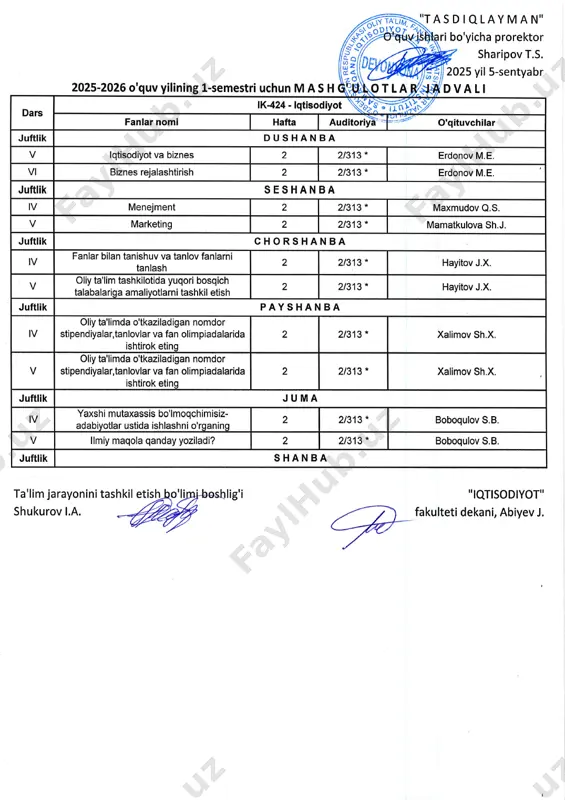 ishuv va tanlov fanlarni tanlash 2 21304 * abdullayeva z.l. v oliy htim tashkilotida yuqori bosqich talabalariqa amaliyotlarni tashkil etish 2 21304* abdullayeva z.l. juftlik payshanba lv -0шу ta'limda o'tkaziladigan поmdоr stipendiyalaг,tanlovlar va fan olimpiadalarida ishtirok eting 2 21304- mizayeva sh.n. v -otiy ta'limda o'tkaziladigan поmdог stipendiyalaг,tanlovlar va fan olimpiadalarida ishtirok eting_ 2 21304- mizayeva sh.n. juftlik juma lv yaishi mutaxassis bo'lmoqchimisiz- adabiyotlar ustida ishlashni о'rgацшg_ 2 2lз04* агtikоча sh.l. v llmiy maqola qanday yoziladi? 2 21304* агtikоча sh.l. juftlik shanba ta'lim jarayonini tashkil eti shukurov l.a. "lqtlsodlyot" fakulteti dekani, abiyev j. ,z--tolly }т,ý"u бфa'#1кзй,,iffi l1тrtц r j а,ич 'т о1 2025-2026 о' dars lк-724 - lqtisodiyot \{gtffi,*"y fanlar поmi hafta auditoriyan '#у o,qituvchilar juftlik dushanba v маrkеtiпg 2 21310 * mamatkulova sh.j. vl menejment 2 21310 * maxmudov q.s. juftlik seýhanba lv lqtisodiyot va biznes 2 21310 * еrdопоч м.е. v biznes ýalashtirish 2 2/3,10 * еrdопоч м.е. juftlik …