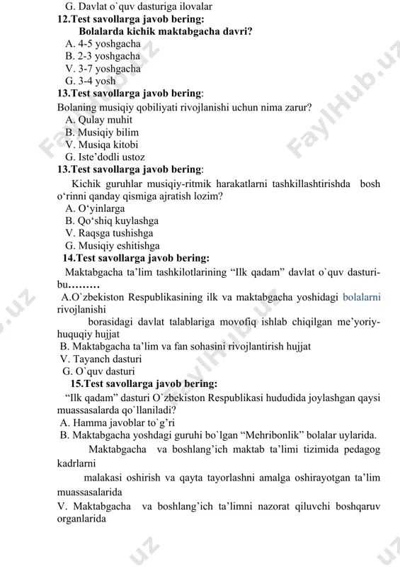 at maktabgacha ta’lim tashkilotlarida. maktabgacha va boshlang’ich maktab ta’limi tizimi uchun kadrlarni tayyorlashni amalga oshiriyotgan o`rta maxsus ba oliy o`quv muassasalarida 16.test savollarga javob bering: “ilk qadam” davlat o`quv dasturi bo`yicha mtt pedgog xodimlari kimlar bilan hamkorlik ishlarini olib boradilar? а. maktab bilan hamkorlik ishlarini olib boradilar b. mahalla bilan hamkorlik ishlarini olib boradilar v. ota-onalari bilan hamkorlik ishlarini olib boradilar g. ota-onalar, maktab va mahalla jamotchiligi bilan hamkorlik ishlarini olib boradilar 17.test savollarga javob bering: “ilk qadam ”dasturi nechta bobdan iborat а. 8 b. 6 v. 7 g. 4 18.test savollarga javob bering: katta guruhida guruhlarda musiqa mashg’uloti necha daqiqa olib boriladi? а. katta guruhida 10 – 15 daqiqa olib boriladi b. katta guruhida 25 – 30 daqiqa olib boriladi v. katta guruhida 20 – 25 daqiqa olib boriladi g. katta guruhida 15 – 20 daqiqa olib boriladi 19.test savollarga javob bering: kichik guruhida guruhlarda musiqa mashg’uloti necha daqiqa …