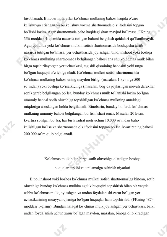 hmas mulk bilan birga sotib oluvchiga o`tadigan boshqa huquqlar tarkibi va uni amalga oshirish niyatlari bino, inshoot yoki boshqa ko`chmas mulkni sotish shartnomasiga binoan, sotib oluvchiga bunday ko`chmas mulkka egalik huquqini topshirish bilan bir vaqtda, ushbu ko`chmas mulk joylashgan va undan foydalanishi zarur bo`lgan yer uchastkasining muayyan qismiga bo`lgan huquqlar ham topshiriladi (fkning 487-moddasi 1-qismi). bundan nafaqat ko`chmas mulk joylashgan yer uchastkasi, balki undan foydalanish uchun zarur bo`lgan maydon, masalan, binoga olib kiradigan yo`lak ham nazarda tutiladi. ma`lumki, yer kodeksining 18-modda­sida nazarda tutilgan hollardan tashqari, yer oldi-sotdi qilinmaydi. yer davlat mulki bo`lib hisoblanadi va faqat foydalanish uchungina berilishi mumkin, xolos. yer uchastkasiga bo`lgan mulk huquqi bilan yer ustida joylashgan ko`chmas mulkka nisbatan mulk huquqi farqlanadi. masalan, bog`ga nisbatan mulk huquqi ma`lum bir fuqaroga tegishli bo`lsa, bog` joylashgan yerga nisbatan mulk huquqi davlatga tegishli bo`ladi. bog`ning egasi yer uchastkasidan foydalanuvchi bo`lib hisoblanadi. binobarin, bog` sotilgan taqdirda, sotib oluvchiga nisbatan mulk huquqi …