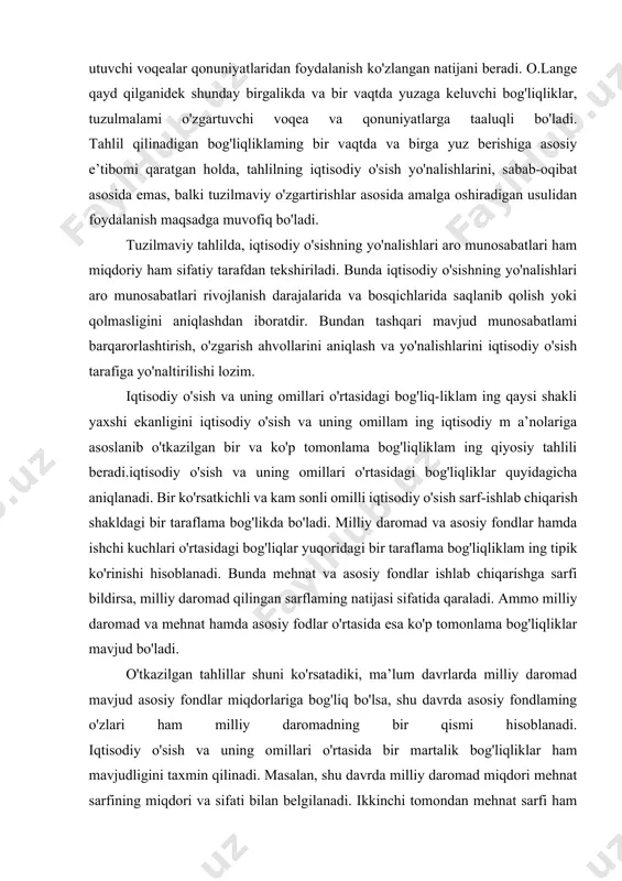 ar quyidagicha aniqlanadi. bir ko'rsatkichli va kam sonli omilli iqtisodiy o'sish sarf-ishlab chiqarish shakldagi bir taraflama bog'likda bo'ladi. milliy daromad va asosiy fondlar hamda ishchi kuchlari o'rtasidagi bog'liqlar yuqoridagi bir taraflama bog'liqliklam ing tipik ko'rinishi hisoblanadi. bunda mehnat va asosiy fondlar ishlab chiqarishga sarfi bildirsa, milliy daromad qilingan sarflaming natijasi sifatida qaraladi. ammo milliy daromad va mehnat hamda asosiy fodlar o'rtasida esa ko'p tomonlama bog'liqliklar mavjud bo'ladi. o'tkazilgan tahlillar shuni ko'rsatadiki, ma’lum davrlarda milliy daromad mavjud asosiy fondlar miqdorlariga bog'liq bo'lsa, shu davrda asosiy fondlaming o'zlari ham milliy daromadning bir qismi hisoblanadi. iqtisodiy o'sish va uning omillari o'rtasida bir martalik bog'liqliklar ham mavjudligini taxmin qilinadi. masalan, shu davrda milliy daromad miqdori mehnat sarfining miqdori va sifati bilan belgilanadi. ikkinchi tomondan mehnat sarfi ham milliy daromaddan alohida am alga oshirilmaydi. bunda birinchi holda bog'liqlikning ishlab chiqarish va ikkinchi holda esataqsimoi wmoni ta ’kidlanadi. ko'p ko'rsaikichli va ko'p omilli iqtisodiy o'sish konsepsiyalari …