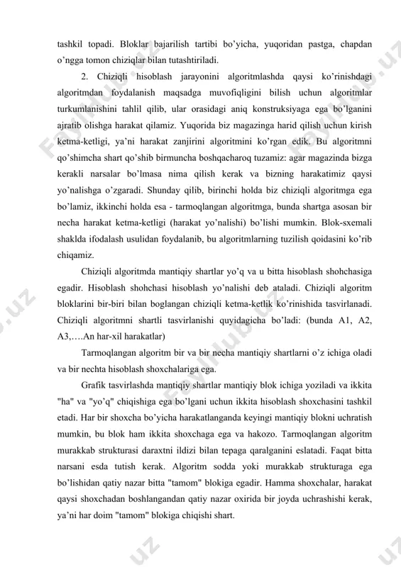 lgani uchun ikkita hisoblash shoxchasini tashkil etadi. har bir shoxcha bo’yicha harakatlanganda keyingi mantiqiy blokni uchratish mumkin, bu blok ham ikkita shoxchaga ega va hakozo. tarmoqlangan algoritm murakkab strukturasi daraxtni ildizi bilan tepaga qaralganini eslatadi. faqat bitta narsani esda tutish kerak. algoritm sodda yoki murakkab strukturaga ega bo’lishidan qatiy nazar bitta "tamom" blokiga egadir. hamma shoxchalar, harakat qaysi shoxchadan boshlangandan qatiy nazar oxirida bir joyda uchrashishi kerak, ya’ni har doim "tamom" blokiga chiqishi shart. bizga ma’lumki, maktabda birinchi sinfda o’qituvchi arifmetik amallarni bajarish, so’zlarni, gaplarni yozish qoidalari to’g’risida gapirib bergan. har xil berilgan ma’lumotlar uchun bitta qoidani juda ko’p marta ishlatish mumkinligini tushunganmiz. masalan: har qanday sonlar uchun qo’shish qoidasi to’g’riligi, egani turlanishida aniq qo’shimchalarni qabul qilish qoidasi va hakozo. bu holda biz ko’p marotaba ishlatiladigan algoritmga duch kelamiz. xuddi shunday algoritmlar takrorlanuvchi algoritm deb nom olgan. chunki kompyuterning asosiy vazifasi insonni aql ishlatmaydigan faoliyatidan, ya’ni bir formula orqali hisoblashlardan, …