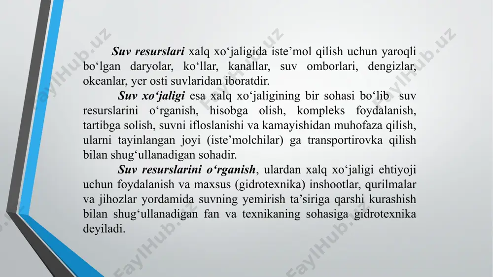 g‘al toshli o‘tish zonalari bilan qurilgan, to‘g‘onning eng ko‘p balandligi – 168 m, uzunligi – 762 m, tepasi (o‘rkachi) bo‘yicha kengligi – 12 m, tepa qiyaligi – 1:2, pastkisi – 1:1,9. farxod gidrouzeli sirdaryoda joylashgan bo‘lib 5800 /s suvni o‘tkazishga mo‘ljallangan, farxod ges derivatsiya kanali, janubiy mirzacho’l kanali, do‘stlik kanali va dalvarzin kanallariga suv beradi, 1947 yil ishga tushirilgan. gidrouzel tarkibiga uzunligi 450 m, eng ko‘p balandligi 27 m bo‘lgan to‘kma gruntli to‘g‘on, har biri 10 m. li 7 oraliqdan iborat va 4430 /s sarfga hisoblangan 91 m. li, o‘zidan suv tushiruvchi beton to‘g‘on (vodoslivnaya plotina),daryoning o‘ng qirg‘og‘ida joylashgan dalvarzin kanaliga suv olgich, chap qirg‘og‘ida joylashgan ges derivatsion kanali bosh inshootlari kiradi. tuyamo‘yin gidrouzeli amudaryoning tuyamo‘yin siqilishida joylashgan. gidrouzel tarkibiga daryo o‘zanida yuvish usuli (namivnaya) bilan qurilgan gruntli va suv tashlama to‘g‘on, ges, chap va o‘ng qirg‘oq suv oluvchi inshootlar- tartibga soluvchi inshootlar (golovniye regulyatori), kema qatnaydigan shlyuz, baliqlarni o‘tkazuvchi …
