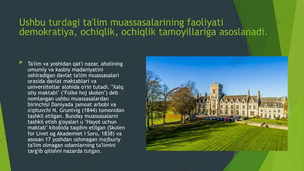 dan farqli o'laroq, bu kurslar keng umumiy ta'lim va ma'rifiy maqsadlarga erishmaydi. ularning dasturlari sof tabiatda qo'llaniladi. qoida tariqasida, bu yangi iqtisodiy sharoitda talab qilinadigan ma'lum bir ko'nikma yoki kasblarga (chet tillarini o'rgatish, kompyuterda ishlash, marketing va boshqalar) tezlashtirilgan o'qitish . o'qitish pullik asosida amalga oshiriladi. ta'lim xizmatlarining tijoratlashtirilishi ta'limdan umumiy foydalanish tamoyilini buzdi. umuman olganda, ushbu bosqichda umumiy ta'limga jalb qilingan o'quv tuzilmalarining keskin qisqarishi kuzatildi, ammo kasbiy tayyorgarlik va malaka oshirishning turli shakllari soni ko'paydi. 1990 yillarning o'rtalaridan boshlab rossiya va sobiq sovet respublikalarida kattalar uchun milliy ta'lim bo'yicha mashhur universitetlar, din va tarixni o'rganish, diniy jamoalardagi aqidalar guruhlari paydo bo'ldi va ixtiyoriy ravishda ishlay boshladi. 90-yillarning ikkinchi yarmida mashhur universitetlar shaklidagi kattalar uchun ta'lim yangi turtki oldi. uning asosiy maqsadlari: - kattalarning munosib hayot kechirishi va ijtimoiy va kasbiy hayotda muvaffaqiyatli ishtirok etishi uchun zarur shart-sharoitlarni yaratadigan shaxsiy fazilatlarni rivojlantirish; - rasmiy ta'lim tizimiga to'g'ri kelmaydigan kattalarning …
