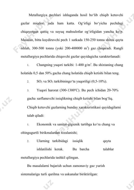 i. bu turli xil o‘lchamdagi changlarni fraksion ajratish va changning har bir turini o‘z texnologik sxemasi bo‘yicha qayta ishlash imkonini beradi. rangli metallurgiya pechlarining changlarini mayda frksiyasi mishyak, selen, rux, qo‘rg‘oshin va noyob metallarni ishlab chiqarishda boshlang‘ich xom ashyo – konsentrat bo‘lib hizmat qiladi. rangli metallurgiyada changlarni tutish uchun quyidagi changushlagichlar qo‘llaniladi: 1. changushlagich kameralar; 2. inersion chang ushlagichlar; 3. filtrlovchi chang ushlagichlar; 4. ho‘l changushlagichlar; 5. elektr chang ushlagichlar; 6. kombinirlashgan chang ushlagichlar. turli xil chang ushlagich qurilmalarni nisbiy baholash tozalash darajasi η, sarf-xarajat miqdoriga, changushlagichga gidravlik qarshiligi kattaligiga va elektr energiyasi va suvning sarfi bo‘yicha amalga oshiriladi. tozalashning darajasi η quyidagi formuladan topiladi: 𝜂 = 𝑎𝑉1−𝑐𝑉2, 𝑎𝑉1 a va c – changushlagichga kiruvchi va chiquvchi gazlarning changlanganligi, g/m3, v1 va v2 – changushlagichga kiruvchi va chiquvchi gazlarning hajmi, m3/sek. chang ushlovchi kameralar chang ushlovchi kameralar. changni og‘irligi bo‘yicha cho‘ktirilishiga asoslanadi. gaz oqimida kamerada joylashgan chang zarrachasiga quyidagi kuchlar …