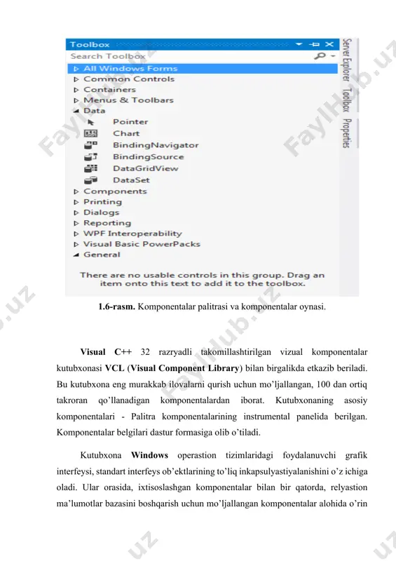 alignment xususiyati matnni tekislash usulini aniqlaydi. shrift o’lchami avtomatik tarzda sohaning maksimal to’ldirilishiga mos kelishi uchun, autosize xususiyatining true qiymatini o’rnating. kalta soha ichida matnning hammasini ko’rish imkoniga ega bo’lish uchun, wordwrap xususiyatiga true qiymatini bering. transparent xususiyatiga true qiymatini o’rnatsangiz, boshqa komponentaning bir qismini to’g’ri uning ustida joylashtirilgan nom orasidan ko’rinib turadigan qilishingiz mumkin. textbox axborot yakka satrining tahrir qilinayotgan kiritishidagi to’rtburchak sohani shaklda aks ettiradi. tahrir sohasining ichidagi boshlang’ich narsalarni text xususiyatining qiymati bo’lgan satr aniqlaydi. textbox komponentasi ttextbox sinfining to’g’ridan-to’g’ri hosilasi bo’lib, uning barcha xususiyatlari, metodlari va voqealariga vorislik qiladi. button yozuvli to’rtburchak tugmani yaratadi. tugmacha bosilganda, dasturda biror-bir hatti-harakat nomlanadi (initstiallashtiriladi). tugmachalar ko’proq dialogli darchalarda qo’llanadi. default xususiyatining true qiymati tomonidan tanlab olingan yashirin tugmacha, dialog darchasida har gal enter klavishasi bosilganda onclick voqea qayta ishlatgichini ishga tushiradi. cancel xususiyatining true qiymati tanlab olgan bekor qilish tugmachasi, dialog darchasida har gal escape klavishasi bosilganda, onclick voqea …