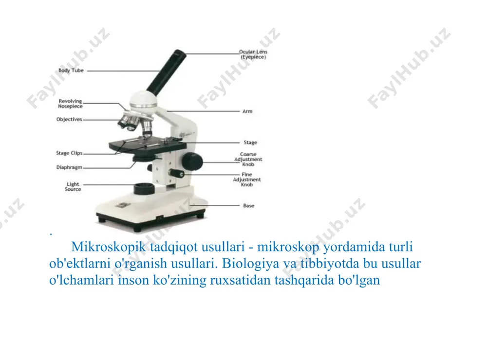arni bilishmaydi. asbobning narxi uning sifati va ko'p qirraliligi bilan ortib borayotganligi sababli, eng yaxshi asboblar, afsuski, aksariyat akademik dasturlarda mavjud emas. biroq, hatto eng arzon "talaba" mikroskoplari ham tabiatning ajoyib ko'rinishini taqdim etishi mumkin va talabalarga ba'zi bir oqilona murakkab tajribalarni amalga oshirishga imkon beradi. yorqin maydon mikroskopi talabalarga yaxshi ma'lum va uni sinfda topish mumkin. yaxshiroq jihozlangan sinf xonalari va laboratoriyalar qorong'u maydon va/yoki fazali kontrastli optikaga ega bo'lishi mumkin. differentsial shovqin kontrasti, nomarski, xoffman modulyatsiyasi kontrasti va o'zgarishlari sezilarli chuqurlik chuqurligi va uch o'lchovli effekt beradi. floresan va konfokal mikroskoplar tadqiqot, klinik va sanoat ilovalari uchun ishlatiladigan maxsus asboblardir. laboratoriyada aralash mikroskopdan tashqari, past kattalashtirish uchun oddiyroq asbobni ham topish mumkin. stereo mikroskop yoki dissektsiya mikroskopida odatda binokulyar ko'zoynak trubkasi, uzoq ish masofasi va odatda 5x dan 35 yoki 40x gacha kattalashtirish diapazoni mavjud. ba'zi asboblar yuqori kattalashtirish uchun linzalar bilan ta'minlaydi, ammo piksellar sonida yaxshilanish yo'q. …