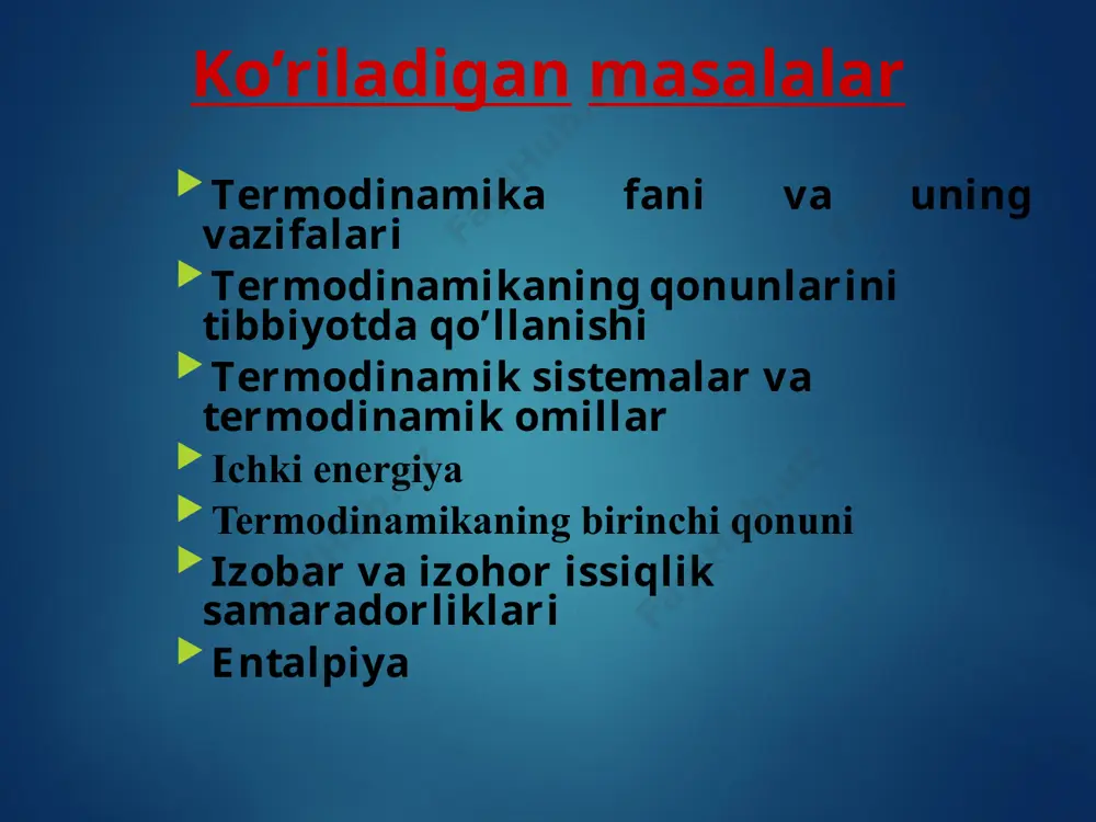 = +180,75 kj gess qonuni «reaksiyaning issiqlik samaradorligi (entalpiyasi) dastlabki modda va mahsulotlarining tabiati va holatiga bog’liq bo’lib, reaksiya bosib o’tadigan yo’liga bog’liq emas.» q = q1 + q2 = q3 + q4 + q5 q1 q2 q q3 q5 q4 gess qonunidan hulosalar 1. hd = - hf ; bu erda: hd - moddaning parchalanish entalpiyasining o’zgarishi hf - moddaning hosil bo’lish entalpiyasining o’zgarishi 2. hr0 =  nhf0 (mahs.) -  nhf0 (dastl.) bu erda:  nhf (mahs.) - mahsulotlar hosil bo’lish entalpiyalari o’zgarishining yig’indisi  nhf (dastl.) - dastlabki moddalar hosil bo’lish entalpiyalari o’zgarishining yig’indisi 3. hr =  nhyonish (dastl.) -  nhyonish (mahs.) termodinamikaning ikkinchi qonuni klauziusning ta’rifi: «issiqlik o’z-o’zidan sovuq jismdan issiq jismga o’ta olmaydi» termodinamik ehtimollikning logarifmlangan qiymati entropiya deyiladi: s = k lgw bu erda: s - entropiya - sistemaning tartibsizligi funcsiyasi k - bolsman doimiysi w - termodinamik ehtimollik termodinamikaning ikkinchi …