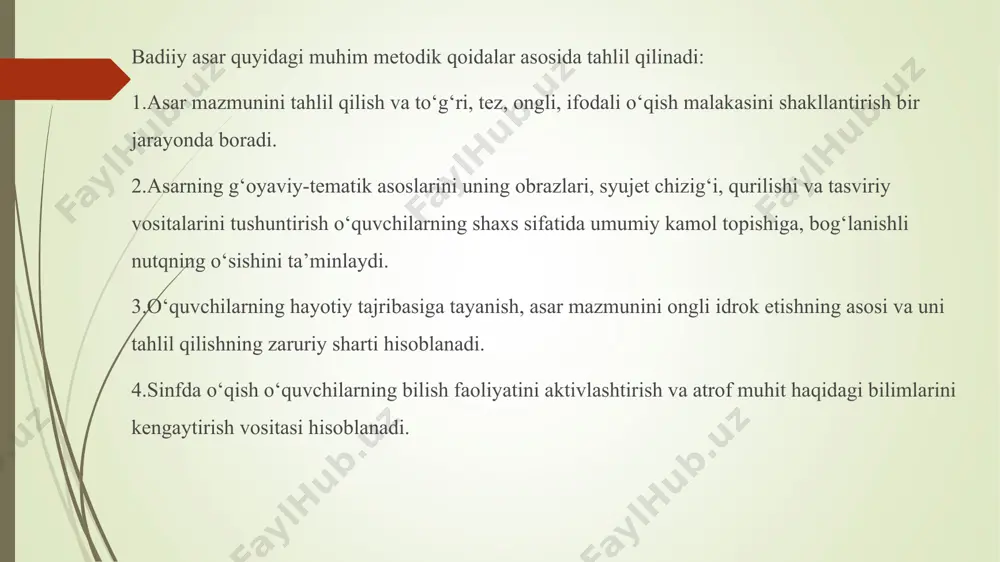 atini va xaraktеrini tahlil qilishga qaratilgan bo‘ladi. so‘roqlardan ikki maqsadda: hikoya mazmunini tahlil qilish hamda faktlar, mulohazalar, xulosalarni taqqoslash, voqеa-hodisalar, foydalanilgan adabiyotlar: oʻzbekiston respublikasi prezidentining “2017–2021-yillarda oʻzbekiston respublikasini rivojlantirishning beshta ustuvor yoʻnalishi boʻyicha harakatlar strategiyasini kelgusida amalga oshirish chora-tadbirlari toʻgʻrisida”gi farmoni. 2017-yil 15-avgust. 2. oʻzbekiston respublikasi prezidenti shavkat mirziyoyevning oliy majlisga murojaatnomasi.- toshkent: “oʻzbekiston” nmiu, 2018. 3. mirziyoyev sh. erkin va farovon, demokratik oʻzbekiston davlatini birgalikda barpo etamiz.-toshkent: “oʻzbekiston” – 2016. 4. mirziyoyev sh. buyuk kelajagimizni mard va olijanob xalqimiz bilan quramiz.-toshkent: “oʻzbekiston” – 2016.