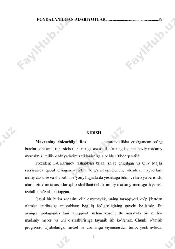 hni taqdim etish kerak. 4. metodologik tahlil: kurs ishi abu nasr farobi ta'lim-tarbiya qarashining metodologiyasini, ta'lim usullarini va o'quv jarayonlarini tahlil qilishga bag'ishlangan bo'lishi mumkin. bu tarzda, o'quvchilar ta'lim-tarbiya jarayonlarining mahsulotlarini va usullarini o'rganishlari lozim. 5. amaliy ko'nikmalarni rivojlantirish: kurs ishi o'quvchilarni tarbiya falsafasi va metodologiyasiga oid ilmiy ma'lumotlar bilan ta'minlash orqali ularning amaliy ko'nikmalarini rivojlantirishga qaratilishi kerak. 6. o'zlashtirish: o'quvchilar o'zlarining o'zgaruvchanligi va fikr-mantig'iy rivojlanishi jarayonida abu nasr farobi ta'lim-tarbiya qarashining ahamiyatini tushunish va o'z fikrlarini bayon etishga yordam berish kerak. bu vazifalar orqali kurs ishi abu nasr farobi ta'lim-tarbiya qarashining tushunchalarini va asosiy falsafiy anlayishlarini o'quvchilarga o'rgatish va ularga tarbiya-ta'lim jarayonlarida o'zlashtirishga imkoniyat yaratishni maqsad qiladi. kurs ishining tuzilishi va hajmi. kurs ishi kirish, ikki asosiy bob, xulosa va foydalanilgan adabiyotlar ro’yxatidan iborat bo‘lib, 39 sahifani tashkil qiladi i bob. sharq mutafakkiri barkamol inson tarbiyasi haqida 1.1 sharq uyg’onish davrida ta’lim-tarbiya arab xalifaligi, yuz bergan ijtimoiy-siyosiy o’zgarishlar, yagona …