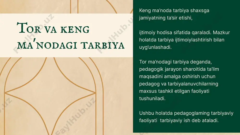 va ijodiy tabiati ortib boradi. shu tariqa mehnat estetik tarbiyaning eng muhim omili bo‘lib qoladi. tabiat bilan doimiy ravishda munosabatda bo‘lmay turib, estetik jihatdan rivojlanish, estetik tarbiyani uyushtirish mumkin emas. boshqacha aytganda, tabiat hech narsa bilan almashtirib bo'lmaydigan go'zallik manbai. u estetik his-tuyg‘u, kuzatuvchanlikni rivojlantirish uchun boy material beradi. ayniqsa, tabiat badiiy obrazlar orqali ifodalansa, yanada o'zinmg estetik jihatini yaqqol namoyon etadi. estetik tarbiyaning eng muhim omili - tabiat! estetik tarbiya vositalari orasida san’at muhim o‘rin egallaydi. sanʼat san’at estetik tarbiya vositasi sifatida har bir shaxsga mo'ljallanganligi, dunyoga keng va ochiq ko'z bilan qarash tuyg'usini shakllantirish, nafosatni bevosita mushohada etish, yuksak orzu-umidlar yo'lida ijodkorlik qobiliyatini vujudga keltirishi bilan izohlanadi. san’at voqelikka estetik munosabatning eng muhim shaklidir. jamiyat estetik madaniyatining darajasi ko‘p jihatdan san’at rivojining darajasi, uning ijtimoiy hayotda qanchalik ko'p ahamiyat kasb etishiga bog'liq. estetik madaniyatni shakllantirish - bu faqatgina badiiy dunyoqarashni o'stirish, o'qilgan kitoblar, ko'rilgan kinofilmlar, tinglangan musiqiy asarlar …