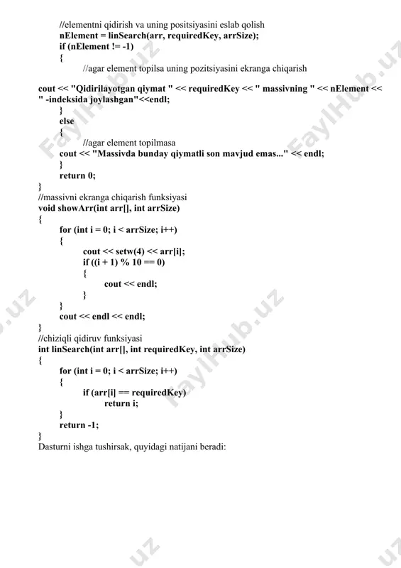 b qolish nelement = linsearch(arr, requiredkey, arrsize); if (nelement != -1) { //agar element topilsa uning pozitsiyasini ekranga chiqarish cout 0) if(a>b) z=a; else z=b; misol tariqasida uchta berilgan sonning eng kattasini aniqlash dasturini ko’ramiz: #include using namespace std; int main() { float a,b,c,max; cout >a; cout >b; cout >c; if (a>b) if (a>c) max=a; else max=c; else if (b>c) max=b; else max=c; cout >ball; cout >max_ball; d=ball/max_ball; if (d>0.85) baho=5; else if (d>0.75) baho=4; else if (d>0.55) baho=3; else baho=2; cout 1 -> 7 masofasi = 9 chiqdi. bizdagi 0 -> 7 masofa kichikroq – 8 ga teng. shuning uchun 7 ga masofani yangilamaymiz. faqat yangi masofa eskisidan kichik bo’lgandagina yangilanadi bu kabi yangilashni edge relaxation deyiladi. 1 ni tekshirib bo’lganimiz uchun unga boshqa qaytmaymiz. distto qiymatlariga ko’ra, navbatdagi kichik masofa 7-vertex’da. 7-vertex’dan tekshirishni davom ettiramiz. 7 dan 2 va 5 ga edge bor. ular uchun boshlang’ich nuqta – …