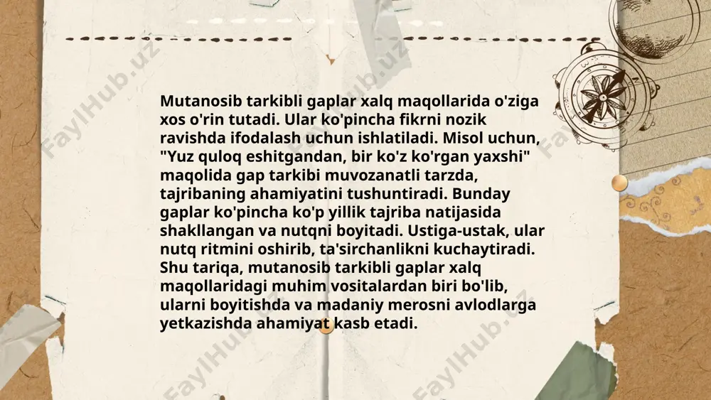 hida gap sifatida ishlatishga yaroqli bo‘lsa-da, ular birgalikda bitta yaxlit mazmunni ifodalaydi. qo‘shma gaplarning xalq maqollarida tutgan o'rni 1. mazmunni to‘liq va ta’sirchan ifodalash: qo‘shma gaplar xalq maqollarida bir necha fikrni birlashtirish orqali ko‘p ma’noni bitta gap orqali yetkazadi. bu tinglovchi yoki o‘quvchiga katta ta’sir qiladi. 2. mantiqiy bog‘lanish orqali ma’no yaratish: qo‘shma gap bo‘laklari bir-biriga mantiqan bog‘langan holda ma’no uyg‘unligini ta’minlaydi. 3. qiyoslash va qarama-qarshilikni ifodalash: qo‘shma gaplar orqali ikki xil holat, g‘oya yoki natijani qiyoslash yoki qarama-qarshi qo‘yish mumkin. masalan: "mehnat qilsang – boy bo‘lasan, dangasalik qilsang – xor bo‘lasan." foydalanilgan adabiyotlar: 1. sayfullayeva r.r., mengliyev b.r., boqiyeva g.h., qurbonova m.m., yunusova z.q., abuzalova m.q. hozirgi o'zbek tili. t:.2010. 2. h. jamolxonov. hozirgi o'zbek adabiy tili. t:. "talqin". 2005. 3. o'zbek xalq maqollari. ziyo.uz e'tiboringiz uchun rahmat! image1.png image2.png image3.png image4.png image5.jpeg image6.png image7.jpeg image8.png image9.png image10.png