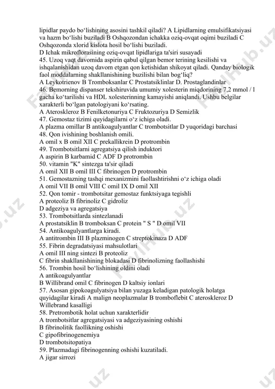halqali va halqasiz d a va c 39. oqsillar qayerda parchalanadi? a me’dada b og‘izda c ichakda d jigarda 40. me’da shirasi sutkada? a 2,5 l b 3l c 1,5-2l d3-5 l 41. oqsilni parchalashda ishtirok etadigan me’da shirasining tarkibiy qismi. a hcl, pepsin b hclo, pepsin c sulfat kislota lipaza d karbogidraza hcl 42. proteolitik ferment qayerda ishlab chiqariladi? a me’dada b og‘izda c ichakda d me’da va og‘izda 43. triptofan yetishmasligida nima kuzatiladi? a yurak faoliyati buziladi b ko‘z gavhari hiralashadi c mns tormoslanadi d a va b 44. steatoreya safro sekretsiyasining etarli emasligi yoki oshqozon osti bezi sekretsiyasining pasayishi bilan rivojlanadi. nima uchun bu buzilishlar najasda lipidlar paydo bo‘lishining asosini tashkil qiladi? a lipidlarning emulsifikatsiyasi va hazm boʻlishi buziladi b oshqozondan ichakka oziq-ovqat oqimi buziladi c oshqozonda xlorid kislota hosil boʻlishi buziladi. d ichak mikroflorasining oziq-ovqat lipidlariga ta'siri susayadi 45. uzoq vaqt davomida aspirin qabul qilgan bemor …