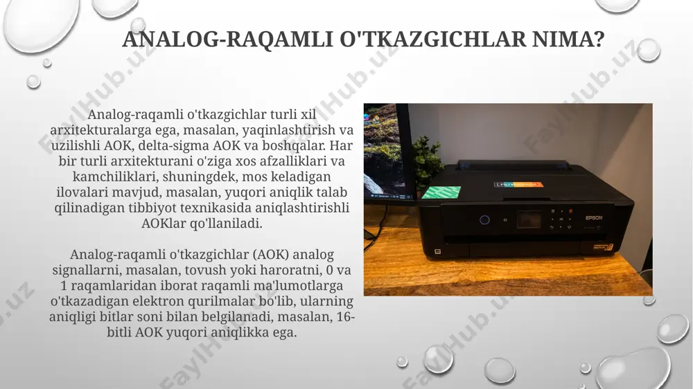 tezligi, sekundiga namunalar soni (sps) bilan o'lchanadi va u 10 ksps dan 100 msps gacha bo'lishi mumkin. e'tiboringiz uchun rahmat @taqdimot_robot image3.png image4.jpg image5.jpg image6.jpg image7.jpg image8.jpg image9.jpg image10.jpg image11.jpg image12.jpg image1.png