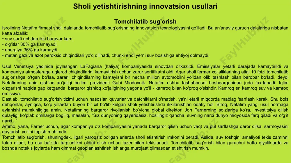gi texnologiyasida muhim yutuqga erishdilar. ekinning vegetatsiya davri deyarli yarmiga qisqardi, hosildorlik sezilarli darajada oshdi. bosh olim ian qichanning so‘zlariga ko‘ra, tajriba mitti guruch navlari yordamida o‘tkazilgan. o'simliklarning qisqa poyasi bor, bu vertikal o'sish uchun juda muhimdir. turlar makondan foydalanishning yuqori darajasiga ega. ular ko'p qatlamli fermer xo'jaliklari uchun, zavod sharoitida etishtirish uchun javob beradi. xitoylik o'roqlarning tajribasi. 4 tajribani o'tkazish uchun sun'iy yoritgichli va to'rt qavatli trusslar tanlangan. o'simliklarni optimal yoritish bilan ta'minlash uchun individual spektrli led lampalar ishlatilgan. guruch ma'lum bir retsept bo'yicha tayyorlangan ozuqa eritmasi bilan suv bosgan quruqlikka ekilgan. olimlar o'simliklar rivojlanishi uchun zarur bo'lgan barcha muhim minerallarni aniq o'lchab, ular oziqlanishga muhtoj emaslar. qishloq xo'jaligi mahsulotlarini ko'paytirishdan tashqari, bu usul naslchilik faoliyati uchun katta ahamiyatga ega. samarali naslchilik milliy oziq-ovqat xavfsizligini ta'minlashning kalitidir. agar siz an'anaviy dehqonchilik usullaridan foydalansangiz, bir yilda 2 avlod olishingiz mumkin. issiqxona sharoitida o'simliklar 2-3 avlod hosil qiladi. aksariyat ekinlar yangi …