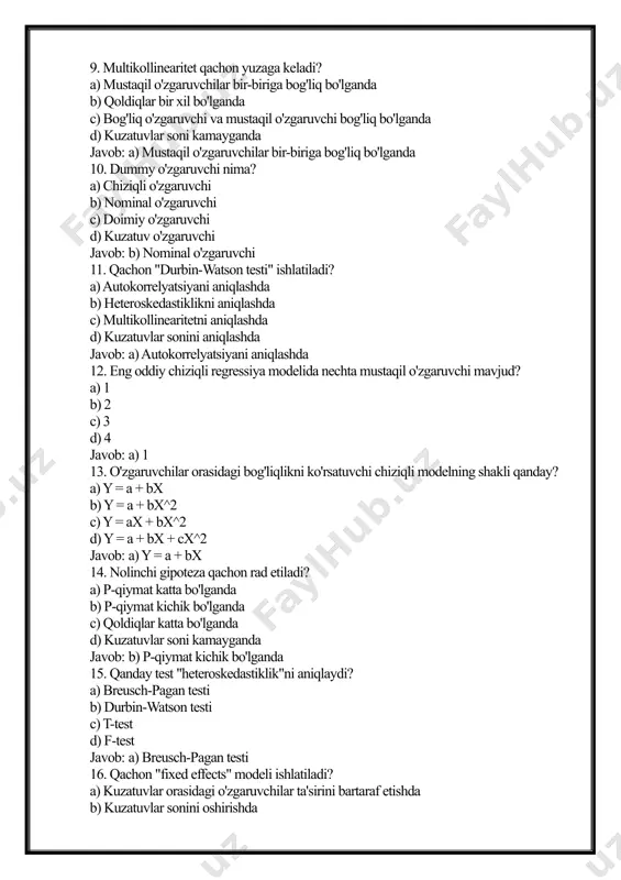 'linib kuzatuvlar soniga 19. vaqt qatorlarida "stasionarlik" nimani anglatadi? a) qatorning vaqtga bog'liq bo'lmasligi b) qatorning o'rtacha va dispersiyasi vaqtga bog'liq bo'lmasligi c) qatorning trendga ega bo'lishi d) qatorning faqat ijobiy qiymatlarga ega bo'lishi javob: b) qatorning o'rtacha va dispersiyasi vaqtga bog'liq bo'lmasligi 20. qachon "cointegration testi" qo'llaniladi? a) vaqt qatorlari orasidagi uzoq muddatli bog'liqlikni aniqlashda b) qoldiqlar orasidagi korrelyatsiyani aniqlashda c) multikollinearitetni aniqlashda d) kuzatuvlar sonini aniqlashda javob: a) vaqt qatorlari orasidagi uzoq muddatli bog'liqlikni aniqlashda image1.png