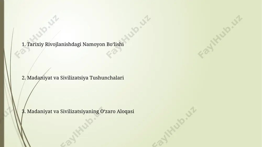 daniy oqimlarni vujudga keltirdi. madaniy almashinuv va tarqalish jarayonlari madaniy almashinuv buyuk ipak yo'li orqali 2000 yildan ortiq vaqt davomida 3 ta qit'a bo'ylab – osiyo, afrika va yevropa o'rtasida faol bo'lib, turli xil madaniyatlarning o'zaro ta'sirini ta'minlagan. 15-asrda buyuk geografik kashfiyotlar davri global miqyosdagi madaniy almashinuv va tarqalish jarayonlariga sezilarli ta'sir ko'rsatib, yangi savdo yo'llarini va aloqalarini o'rnatgan. o'rta asrlar madaniyati va sivilizatsiyasi moʻgʻullar istilosi (13-asr) oʻrta osiyo madaniyatiga jiddiy taʼsir koʻrsatdi, ammo shunga qaramasdan, mahalliy anʼanalar va hunarmandchilik oʻzining rivojlanishini davom ettirdi, yangi shaharlar va meʼmoriy obidalar qurildi. islom olamida oʻrta asrlarda 8-13 asrlarda kuchaygan “islom oltin asri” davrida fan, adabiyot, arxitektura va sanʼatning gullashi kuzatildi, bu davrda koʻplab buyuk olimlar va ijodkorlar yetishib chiqdi. madaniyat va sivilizatsiya tushunchalarining kelib chiqishi “madaniyat” atamasi qadimgi lotincha “cultura” soʻzidan olingan boʻlib, dehqonchilik, yerni ishlov berish ma’nosini anglatadi va taxminan miloddan avvalgi 1-ming yillikka toʻgʻri keladi. 18-19-asrlarda “madaniyat” va “sivilizatsiya” tushunchalarining …