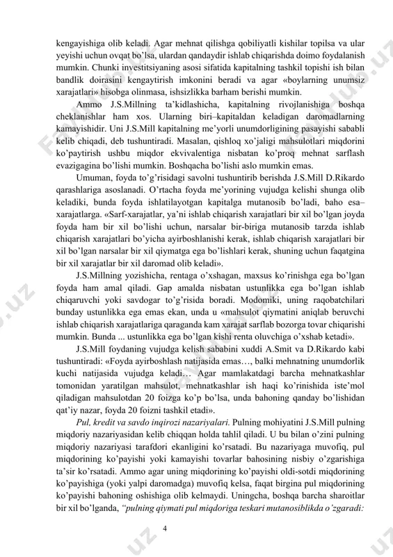 al deb atagan. ishlab chiqarish faoliyati kapital miqdori bilan chegaralanadi. kapitalning har bir ko’payishi ishlab chiqarishning kengayishiga olib keladi. agar mehnat qilishga qobiliyatli kishilar topilsa va ular yeyishi uchun ovqat bo’lsa, ulardan qandaydir ishlab chiqarishda doimo foydalanish mumkin. chunki investitsiyaning asosi sifatida kapitalning tashkil topishi ish bilan bandlik doirasini kengaytirish imkonini beradi va agar «boylarning unumsiz xarajatlari» hisobga olinmasa, ishsizlikka barham berishi mumkin. ammo j.s.millning ta’kidlashicha, kapitalning rivojlanishiga boshqa cheklanishlar ham xos. ularning biri–kapitaldan keladigan daromadlarning kamayishidir. uni j.s.mill kapitalning me’yorli unumdorligining pasayishi sababli kelib chiqadi, deb tushuntiradi. masalan, qishloq xo’jaligi mahsulotlari miqdorini ko’paytirish ushbu miqdor ekvivalentiga nisbatan ko’proq mehnat sarflash evazigagina bo’lishi mumkin. boshqacha bo’lishi aslo mumkin emas. umuman, foyda to’g’risidagi savolni tushuntirib berishda j.s.mill d.rikardo qarashlariga asoslanadi. o’rtacha foyda me’yorining vujudga kelishi shunga olib keladiki, bunda foyda ishlatilayotgan kapitalga mutanosib bo’ladi, baho esa–xarajatlarga. «sarf-xarajatlar, ya’ni ishlab chiqarish xarajatlari bir xil bo’lgan joyda foyda ham bir xil bo’lishi uchun, …