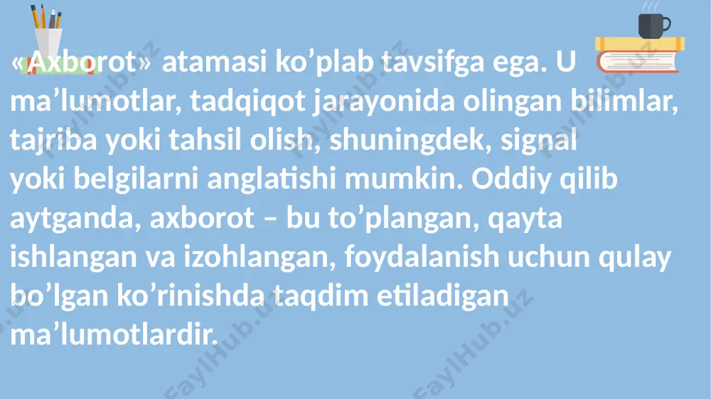 axborot madaniyati axborot madaniyati axborotdan samarali foydalanish bilim va ko‘nikmalari bo‘lib, kеrakli axborotni axborot rеsurslaridan axborot tеxnologiyalarining barcha ko‘rinishlari (kompyutеr va intеrnеt tarmog‘i tеxnologiyalari) orqali qidirishning turli xil bilimlaridan iborat. axborotlashtirishning huquqiy asoslari “kompyuterlashtirishni yanada rivojlantirish va axborot-kommunikatsiya texnologiyalarini joriy etish to’g‘risida”(2002 yil 30 may) “axborotlashtirish va ma’lumotlar uzatish sohasida qonunga xilof harakatlar sodir etganlik uchun javobgarlikga tortish”(2007 yil 27 sentabr) kompyuter tizimidan foydalanish qoidalarini buzish” “elektron raqamli imzo to‘g‘risida”(2003-2004-yillar) “elektron hujjat aylanishi to‘g‘risida” “elektron tijorat to‘g‘risida” axborot xavfsizligi axborot xavfsizligi-aloqa sohasida shaxs, jamiyat va davlat manfaatlari himoyalanishini anglatadi. bu tushuncha mazkur subyektlarning axborot xavfsizligiga tashqi va ichki tahdidlar – manbaga ruxsatsiz kirish, ma’lumotlarning noqonuniy tarqalishi, o‘g‘irlanishining oldini olish, axborotning buzib talqin qilinishi va soxtalashtirilishiga yo‘l qo‘ymaslikni hamda axborot maxfiyligini ta’minlashni nazarda tutadi. turli mamlakatlarda aholi sonining o’zgarishining farqlanishi. yana bir global ziddiyat sifatida xx asrning ikkinchi yarmida boshlangan dеmografik «portlashlar», ya’ni yer shari aholisi sonining jadal o’sishi ko’rsatiladi. ayniqsa, …