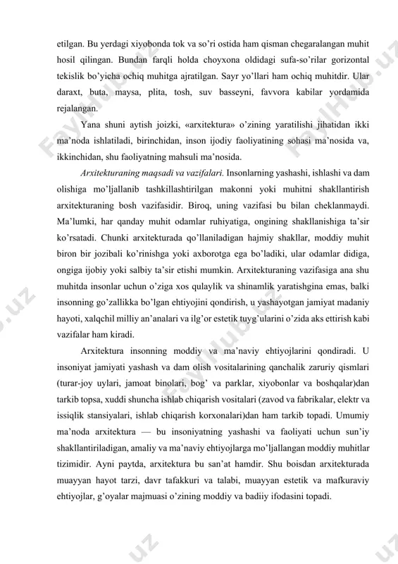 issiqlik stansiyalari, ishlab chiqarish korxonalari)dan ham tarkib topadi. umumiy ma’noda arxitektura — bu insoniyatning yashashi va faoliyati uchun sun’iy shakllantiriladigan, amaliy va ma’naviy ehtiyojlarga mo’ljallangan moddiy muhitlar tizimidir. ayni paytda, arxitektura bu san’at hamdir. shu boisdan arxitekturada muayyan hayot tarzi, davr tafakkuri va talabi, muayyan estetik va mafkuraviy ehtiyojlar, g’oyalar majmuasi o’zining moddiy va badiiy ifodasini topadi. arxitektura ko’p qirralidir. u muayyan vazifalarga mo’ljallanib tashkillashtirilgan ichki muhitli binolar, binolar ansambli va kompleksi, shaharlar, qishloqlar, maxsus tashkillashtirilgan tashqi ochiq muhitlar (ko’chalar, maydonlar, istirohat bog’lari, parklar, mahallalar, dahalar)dan tashqari, ichki muhitga ega bo’lmagan, biroq ochiq muhitni tashkillashtirishga xizmat ko’rsatuvchi inshootlar va mo’jaz me’moriy shakllar (monumentlar, obelisklar, tasviriy oynalar, ko’priklar, yo’llar, sohillar, ko’prik yo’llar (puteprovodlar), transport chorrahalari (razvyazkalari), favvoralar, zinapoyalar, to’siqlar va sh.k.) hamdir. ana shu nuqtayi nazardan olib qaraganda arxitektura jamiyatning ijtimoiy, ishlab chiqarish va mafkuraviy ehtiyojlaridan vujudga keluvchi moddiyatdir. aynan ana shu ehtiyojlar arxitektorlar oldiga aniq vazifalar qo’yadi. yaratilgan arxitektura jamiyat …