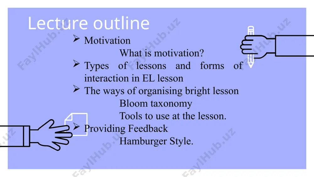 different learning potentials: whole-class teaching, individual work, group work, and pair work . a lesson may begin with a whole-class activity and then move to pair, group, or individual work. possible patterns of interaction in the classroom: teacher to students (t- ss) ;students to teacher (ss- t); half class to half class (ss-ss); student to class (s- ss) * requirements to the el lesson * the structure of the el lesson there is no general scheme of the lesson structure which can be obligatory for all lessons. some of the stages of a lesson are constant, others can be varied. a constant stage of a lesson is an involving into language atmosphere. this stage includes various tasks or activities. the atmosphere of communication created at the beginning of the lesson lasts during the whole lesson. the dominant place is given to the teacher’s communicative action related to motivation, instructions, control …