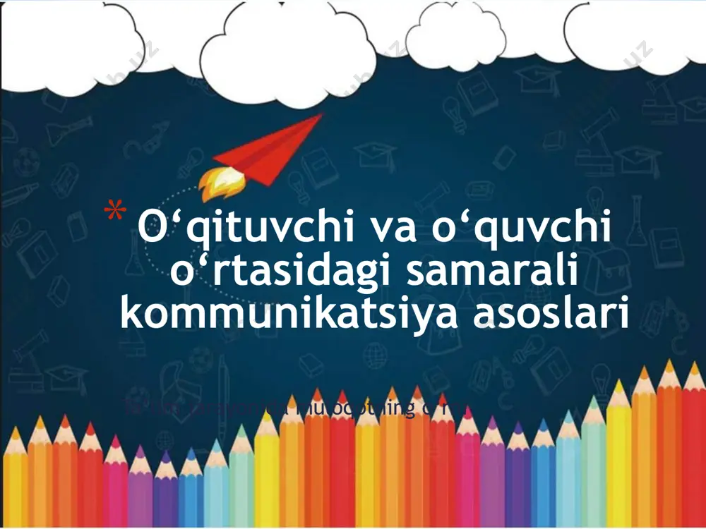 logik yondashuv. • zamonaviy psixologiya – emotsional intellekt ta’lim samaradorligini oshiradi. 5. xulosa • samarali kommunikatsiya ta’lim sifatining asosi. • bilim chuqur o‘zlashtiriladi, ijodkorlik rivojlanadi. • o‘quvchilarda o‘ziga ishonch va faollik kuchayadi. • sog‘lom psixologik muhit ta’lim samaradorligini ta’minlaydi. • o‘qituvchi – bilim beruvchi emas, balki hamkor va motivator. image1.jpeg image2.jpeg /docprops/thumbnail.jpeg