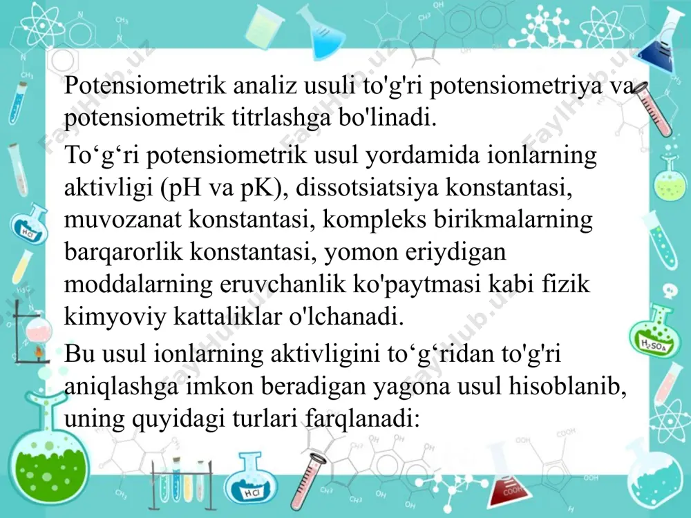 nda abssissa o‘qi bilan chiziqning kesishish nuqtasi ton iga to‘g‘ri keladi. potensiometrik titrlash kislota-asosli (neytrallash), oksidlanish-qaytarilish, cho'ktirish va kompleks hosil bo‘lish reaksiyalari asosida, shunday xossalarga ega bo'lgan moddalarni aniqlash va tekshirishda uchun keng qo'llaniladi. natijada, moddalarning konsentratsiyasinigina emas, balki ularning turli xil konstantalarini ham aniqlash mumkin. potensiometrik titrlashda boradigan reaksiyalar quyidagi talablarga javob berishi kerak: — reaksiya tegishli yo'nalishda stexiometrik nisbatda oxirigacha borishi; — kimyoviy reaksiyaning tezligi yetarli darajada katta bo'lishi; — kimyoviy reaksiya muvozanati tez qaror topishi; — qo'shimcha reaksiyalar bo'lmasligi lozim. potensiometrik va boshqa asboblar yordamida titrlash usullari tashqaridan ko'z bilan kuzatish usullariga nisbatan quyidagi qator afzalliklarga ega: • titrlashda subyektiv xatolarga yo'l qo'yilmaydi; • aniqlashning sezuvchanligi ancha yuqori bo'ladi; • loyqa va rangli eritmalami titrlash mumkin; • bir vaqtning o'zida aralashmadagi bir necha komponentni tabaqalab (ketma-ket) titrlash mumkin; • titrlash jarayonini osongina avtomatlashtirish mumkin. potensiometrik titrlash usuli bilan eritmadagi oksidlovchi, qaytaruvchi, asos va kislotalaming miqdori aniqlanadi. ayniqsa, …