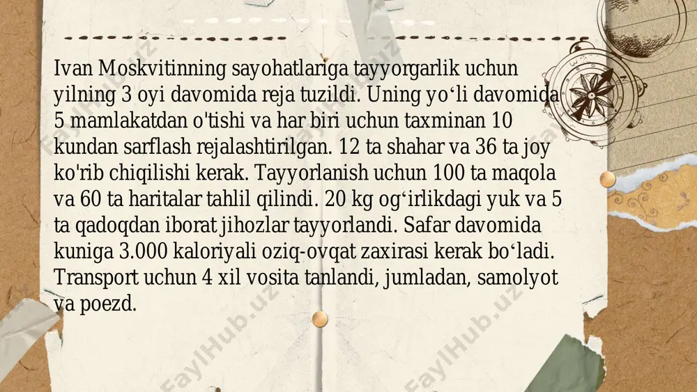 h uchun asos bo'lgan. ushbu xaritalar dunyo fani rivojiga o'z hissasini qo'shgan va ko'plab xaritashunoslar uchun o'rganish manbasi bo'lib xizmat qilgan. ... t.me/slaydai_bot ... t.me/slaydai_bot ivan yurevichning ta'lim olgan joylari haqida ma'lumotlar cheklangan. u xususiy o'qituvchilar tomonidan boshlang'ich ta'limni olgan. keyinchalik, sankt-peterburg shahrida joylashgan universitetda o'qishda davom etgan. ta'lim olish jarayonida matematika va fizika fanlariga alohida e'tibor qaratib, ushbu yo'nalishlarda chuqur bilimlar olgan. ivan yurevichning akademik faoliyati davomida ilmiy izlanishlar va loyihalar ustida ishlagani ma'lum. uning o'rgangan joylari va ta'lim olgan kurslari haqida batafsil raqamlar ko'rsatilmagan. ... t.me/slaydai_bot moskvitlar sibir o‘rmonlarida yozgi oylarida faol bo‘lib, iyun va avgust oylari orasida ko‘payish davriga ega. bu hasharotlar asosan 25°c atrofidagi haroratda faollashadi. ular sibirning nam o‘rmonlarida yashab, asosiy ozuqaviy manbalarini hayvonlar va odamlarning qoni tashkil qiladi. har bir urg‘ochi moskvit bir kechada 200 tagacha tuxum qo‘yishi mumkin. sibir o‘rmonlarida har yili moskvitlar sonining ko‘payishi atrof-muhitga bog‘liq bo‘lib, namlik va harorat omillari muhim …