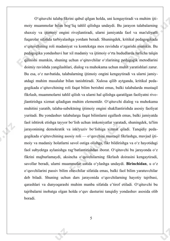 beshinchidan, o‘qituvchi erkin fikr yuritish muhitini yaratadi. har bir o‘quvchining ovozi eshitilishi, fikri qadrlanishi kerak. o‘qituvchi bunday muhitni shakllantirishda muhim vositachidir. u bahs-munozaralar orqali o‘quvchilarning fikrlarini rivojlantiradi, ko‘plab nuqtai nazarlarni muhokama qiladi va o‘rgatadi. oltinchidan, tanqidiy pedagogika o‘qituvchidan ijtimoiy mas’uliyatni talab qiladi. u faqat dars beruvchi emas, balki jamiyatdagi ijtimoiy o‘zgarishlarni anglaydigan, o‘quvchilarni ham bu jarayonga jalb etadigan yetakchidir. u o‘z darslari orqali o‘quvchini ijtimoiy ongli, adolatparvar va faol fuqaroga aylantirishni maqsad qiladi. ii. oʻquvchi-subekt pozitsiyasining nazariy va amaliy aspektlari oʻquvchi-subekt pozitsiyasining nazariy va amaliy aspektlarini tushunish uchun avvalo uning ta'lim jarayonidagi asosiy ma'nosini aniqlash muhimdir. bu pozitsiya, asosan, talabaning faqat ma'lumot oluvchi sifatida emas, balki faol ishtirokchi, fikr yurituvchi va muammolarni hal qiluvchi subyekt sifatida qabul qilinishini anglatadi. bu nuqtai nazar, kritik pedagogika paradigmasida, ayniqsa paulo freire ta'lim modeli asosida, muhim o'rin tutadi. freirega ko'ra, o'quvchi-subekt sifatida, o'zining bilish va fikrlash jarayonlarida muhim rol o'ynaydi, u nafaqat bilimlarni qabul …
