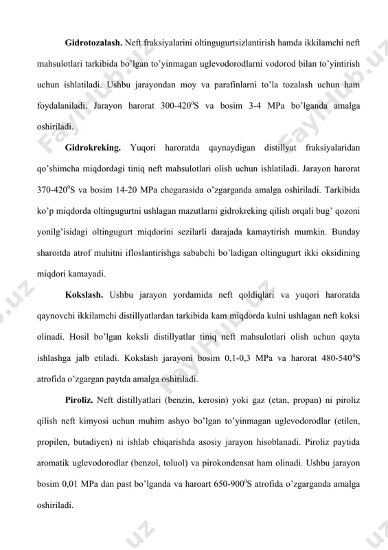 0-5400s atrofida o’zgargan paytda amalga oshiriladi. piroliz. neft distillyatlari (benzin, kerosin) yoki gaz (etan, propan) ni piroliz qilish neft kimyosi uchun muhim ashyo bo’lgan to’yinmagan uglevodorodlar (etilen, propilen, butadiyen) ni ishlab chiqarishda asosiy jarayon hisoblanadi. piroliz paytida aromatik uglevodorodlar (benzol, toluol) va pirokondensat ham olinadi. ushbu jarayon bosim 0,01 mpa dan past bo’lganda va haroart 650-9000s atrofida o’zgarganda amalga oshiriladi. alkillash. to’yinmagan uglevodorodlar (propilen, butilenlar, amilenlar) yordamida izoparafinli uglevodorodlar (izobutan yoki izopentan) ni alkillash orqali benzinlarning yuqori oktanli komponentlari olinadi. masalan, izobutanni butilen bilan alkillash natijasida izooktan hosil bo’ladi. alkillash reaksiyasi harorat 0 dan - 100s gacha o’zgarganda (katalizator sifatida n2so4 ishlatilganda) yoki harorat 25-300s bo’lganda (katalizator sifatida nf ning suvdagi eritmasi qatnashganda) amalga oshiriladi. benzolni to’yinmagan uglevodorodlar (etilen, propilen) bilan alkillash jarayonida katalizator sifatida fosfor yoki sulfat kislotasi, alyumosilikatlar va boshqalar ishlatiladi. katalizatorning turiga ko’ra, jarayon harorat 50 dan 4500s gacha va bosim 1 dan 3 mpa gacha o’zgarganda …
