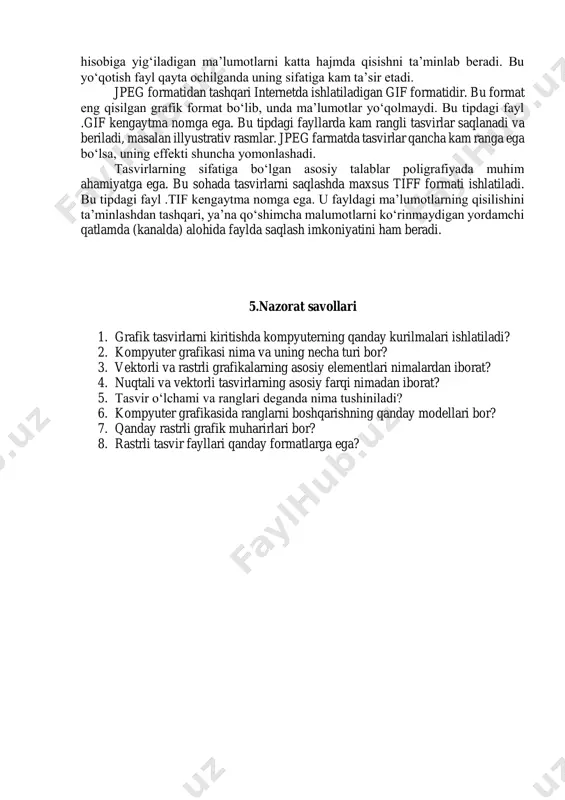 lash kerak bo‘lsa uning balandligi va eni piksellarda beriladi. kompyuter grafikasida ranglar bilan ishlashda ranglar “razresheniya”si va ranglar modeli tushunchalari ishlatiladi. ranglar “razresheniya”si rangli ma’lumotlarni kodlash usuli yordamida aniqlanadi va u bir vaqtda qancha rang ekranda tasvirlanishi bilan bog‘liqdir. masalan, ikki rangli (qora-oq) tasvirni kodlash uchun har bir piksel uchun bir bitdan ajratish yetarli. ranglar uchun bir baytni ajratish ular kombinatsiyasidan 256 ta har xil ranglarni kodlash imkoniyatini beradi. ikki bayt esa 65536 har xil ranglarni kodlash imkoniyatini beradi. bu kodlash rejimiga high color deyiladi. agar ranglarni kodlash uchun uch bayt ajratilsa 16,5 mln. rangni kodlash mumkin. bu rejimga true color deyiladi. kompyuter grafikasida ranglarni boshqarish uchun quyidagi rang modellari ishlatiladi: rgb, cmyk va hsb. rgb modeli rangning asosiy komponentalari sifatida qizil, ko‘k va yashil ranglari qabul qilgan. cmyk modeli havorang, sarish va purpurli ranglarni ham qo‘shimcha komponentalar sifatida qabul qiladi. hsb modeli rang qo‘shimcha komponentalari sifatida rangli ton (svetovoy …