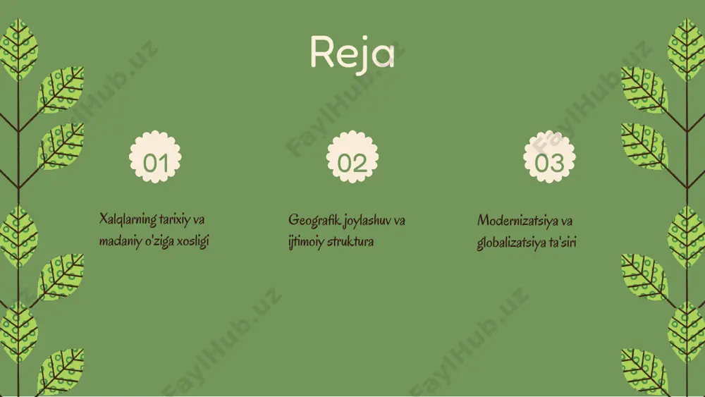 ing ahmiyati geografik joylashuv xalqlarni rivojlanishiga katta ta'sir ko'rsatadi. masalan, dengizga yaqin joylashgan xalqlar savdo aloqalarini kengaytirish imkoniyatiga ega bo'ladi, bu esa ularning madaniy va iqtisodiy taraqqiyotiga ijobiy ta'sir qiladi. tabiiy resurslar xalqlarning ijtimoiy-iqtisodiy rivojlanishida muhim rol o'ynaydi. resurslarga boy davlatlar, masalan, neft va gazga ega bo'lganlar, iqtisodiy jihatdan tez rivojlanadi, bu esa ularning global maydonda raqobatlashishiga yordam beradi. xalqlar o'rtasida geografik tafovutlar ham mavjud. bu tafovutlar iqtisodiy hamkorlik va madaniy almashuvda to'siqlarni yaratishi mumkin, shuningdek, xalqlar o'rtasida o'zaro tushunishni kuchaytirish imkoniyatlarini cheklaydi. modernizatsiya va globalizatsiya tushunchalari modernizatsiya va globalizatsiya – bu jamiyatlarning rivojlanish jarayonlarini anglatadi. modernizatsiya, eski an'analar va tuzilmalarni yangilash orqali, iqtisodiy va ijtimoiy o'zgarishlarni ta'minlaydi, globalizatsiya esa mamlakatlar o'rtasidagi aloqalarni kuchaytiradi. 20-asrning ikkinchi yarmidan boshlab, bu tushunchalar yanada rivojlanib, xalqaro savdoda, madaniyat almashuvlarida va texnologik taraqqiyotda muhim o'rin egalladi. o'zbekiston kontekstida, modernizatsiya va globalizatsiya mamlakatimizning iqtisodiy o'sishini, innovatsion rivojlanishini va xalqaro maydonda raqobatbardoshligini oshirishda muhim ahamiyat kasb …