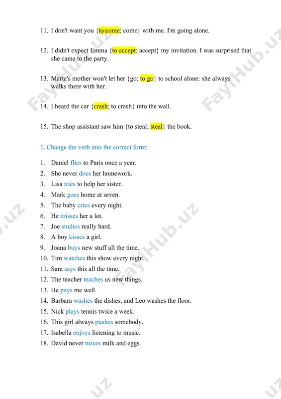 fixes cars. 2. change the verb into the correct form: 1. christopher drives a bus. 2. we have some money. 3. do you watch movies? 4. they do not work for us. 5. i love to dance. 6. she has many friends. 7. alexis and her husband always come for the summer. 8. does he draw well? 9. james does not remember me. 10. laura is a beautiful girl. 11. i do not eat cheese. 12. cats like to sleep. 13. you are a smart boy. 14. she washes the dishes every evening. 15. are you ready? 16. i am ready. yakubov navruzbek image1.jpeg