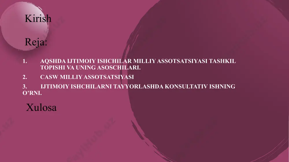 tlar va resurslar bilan ta'minlashdan tashqari, ijtimoiy xizmatlar sohasida adolatni ta'minlash va ijtimoiy muammolarni hal qilish uchun huquqiy, siyosiy va ilmiy faoliyatlar olib boradi 4 aqshda ijtimoiy ishchilar milliy assotsatsiyasi tashkil topishi va uning asoschilari. 4 5 assotsatsiya haqida: 5 aqshning 50 shtati, kolumbiya okrugi, nyu-york, puerto-riko, guam, virginorollari va xalqaro hududda 55 ta bo’lim bosh qarorgohi vashington,kolumbiya okrugi rasmiy tili: ingliz tili a’zo bo’lganlar soni:600 000(rasmiy a’zolar 110-120 000) dr. yvonne chase nasw prezidenti 2023-2026 30 iyungacha 2023 yildan bosh ijrochi direktor dr.entoni estrit aqshda 1950-yillardan boshlab ijtimoiy sohaning rivojlanib borishi natijasida ijtimoiy ishchilar soni ortgan va bu kasbning ijtimoiy ahamiyati ortib borgan. ijtimoiy ishchilar birlashgan holda kasbiy me'yorlar, ta'lim va malaka oshirish dasturlarini ishlab chiqish zaruriyatini sezishdi. shu davrda ijtimoiy ishchilarning turli kichik tashkilotlari bo‘lsa ham, ular orasida muvofiqlik yo‘q edi. ijtimoiy ishchilarning kasbiy me'yorlar va etikaga asoslangan yagona tashkilotga ehtiyoji sezildi. ijtimoiy ishchilarning professional maqomini oshirish va …