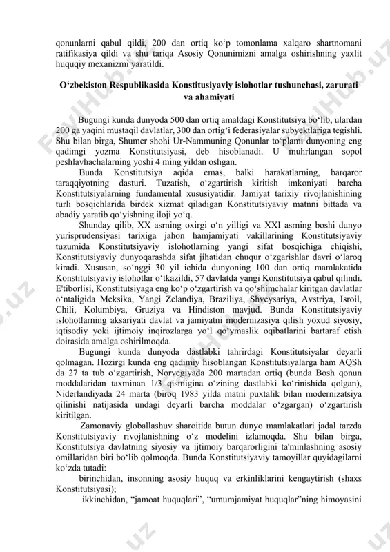 ilindi. bu konstitutsiya ham oldingilaridan kam farq qilib, bolsheviklarning o‘rta osiyodagi hokimiyatini yanada mustahkamlashga xizmat qildi. konstitutsiyaga binoan boylar, dallollar, ruhoniylar va shu kabilar saylash va saylanish huquqidan mahrum etilib, “butun hokimiyat sovetlarniki” deb e'lon qilindi. o‘rta osiyodagi yana bir davlat buxoro amirligida ham 1920 yil sentyabr oyida sovet hokimiyati o‘rnatilib, buxoro xalq sovet respublikasi tashkil etildi. 1921 yil 23 sentyabrda ii butun buxoro sovetlarining syezdi o‘tsazilib, unda rsfsr konstitutsiyasiga mos ravishda bxsr konstitutsiyasi qabul qilindi. 1924 yil 31 yanvarda qabul qilingan sssr konstitutsiyasi asosida uning tarkibidagi respublikalar o‘z konstitutsiyalarini qabul qildilar. 1927 yil 30 martda o‘zbekiston ssr konstitutsiyasi qabul qilinib, uning tarkibiga tojikiston avtonom respublikasi kiritildi. respublika tarkibiga avtonom respublikaning kiritilishi markaz uchun ularni doim nazoratini yanada mahkam qilib turish uchun qulaylik tug’dirar edi. 1936 yil 5 dekabrda qabul qilingan sssr konstitutsiyasiga muvofiq ishlab chiqilgan 1937 yilgi o‘zbekiston ssr konstitutsiyasida davlat boshqaruvini amalga oshirish shakllari joylarda sovetlarni tashkil etish …
