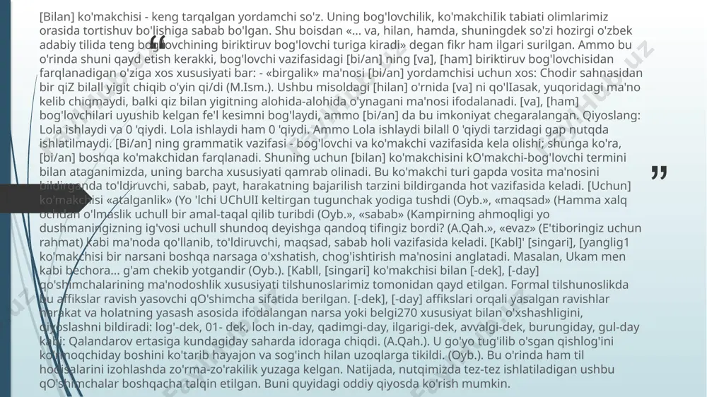 arda qayd etilgan: mehmonlar kechga qadar 0 'tirishdi - mehmonlar kechgacha 0 'tirishdi. [orqali] ko'makchisi harakatning biror vosita bilan bajarilishini bildiradi: anvar 0 'z istiqbolini yolg'iz mllhabbat orqali ko'rar edi. (a.qod.). [bi/an] va [orqalij ko'makchilari vosita ma'nosini anglatishga ko'm ma'nodoshlik hosh qiladi. ammo bu ma'nodoshlik ma'lum kontekstdagina voqelanadi. o'rin ma'nosini ifodalagan otlar bilan birikkanda lbitan] va [orqalt] ko'makchilari sinonim bo'ladi: katta yo'l orqali yurib borib chapga burildik - katta yo 'f hi/an yurib borib chapga burildik. agar ko'makchi boshqarayotgan ot o'rin ma'nosini ifodalamasa, bu ko'makchilar ma'nodoshiik kasb etmaydi. chunonchi, yigitga deraza orqali fo 'yib-to 'yib qarashga zor bo '[sa-da, ... (oyb.). [sari] ko'makchisi harakatning yo'naltirilgan o'rni, payti ma'nosini anglatadi: hirot sari yurdik. (oyb.). ko'krak og'rig'im borgan sari battar bo '[yapti. (oyb.). [sari] ko'makchisi o'rin, tomon, payt ma'nosini biidirganda [sayin] ko'makchisi biian ma'nodosh bo'iadi. gapda payt, o'rin hoii, to'idiruvchi vazifasida keladi. [bilan] - leksik sath birligi-ma'noviy nomustaqil - umumlashgan grammatik ma'noli …