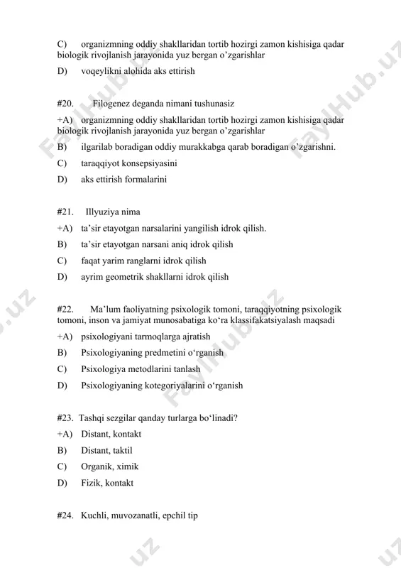 aratilganligi bu.... +a) diqqat; b) idrok; c) tafakkur; d) xotira. #38. sezgi, idrok, xotira, tafakkur, diqqat bular qanday jarayonlar? +a) bilish jarayon; b) biologik jarayon; c) fiziologik jarayon; d) qayta eslash jarayoni. #39. faoliyat turlari qaysi qatorda to'g'ri berilgan. +a) o'yin, o'qiiv, mehnat; b) mustaqillik. c) 0'z ustida ishlash; d) o`yin, o`z ustida ishlash, mehnat. #40. shaxsning rivojlanishiga ta'sir qiluvchi omillarni ko'rsating. +a) irsiyat, ijtimoiy muhit, ta'lim-tarbiya b) o'qituvchi va tarbiyachilar jamoasi, c) oila, mahalla jamoasi, mullat, maktab jamoasi d) katta va kichik guruhlar #41. motiv deb….aytiladi. +a) ehtiyojlarni qondiruish bilan bog`liq bo`lgan ichki turtki kuchlarga; b) shaxsning konkret shart- sharoitlarga qaramligiga; c) shaxsning faollik darajasiga; d) shaxsning ichki faolligi; #42. ayni bir vaqtda diqqatimizni ikki yoki uch narsaga qaratishimiz bu… +a) diqqatning bo‘linishi; b) diqqatning kuchi; c) diqqatning hajmi; d) diqqatning asosi; #43. ma’lum ehtiyojlarni qondirish bilan bog‘liq faoliyatga undovchi sabab bu… +a) motiv; b) til; c) nutq; d) …