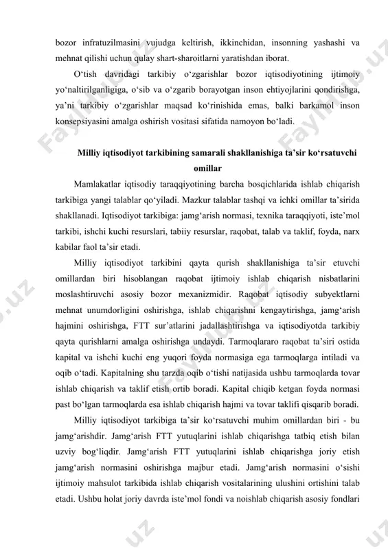 sh normasini o‘sishi ijtimoiy mahsulot tarkibida ishlab chiqarish vositalarining ulushini ortishini talab etadi. ushbu holat joriy davrda iste’mol fondi va noishlab chiqarish asosiy fondlari o‘sishini chegaralab qo‘yadi, chunki bunda milliy mahsulot va milliy daromadning o‘sgan qismi ishlab chiqarish ehtiyojlarini qondirishga intiladi. iqtisodiy inqiroz davrida jamg‘arish normasi asosan pasayib boradi. ishlab chiqarish tarkibi iste’mol tarkibi bilan uzluksiz bog‘liqdir. ularning o‘zaro aloqasi dinamik xarakterga ega. texnika taraqqiyoti ishlab chiqarish va iste’mol tarkibiga bevosita ta’sir ko‘rsatadi. ijtimoiy ehtiyojlar qanchalik to‘liqroq qondirilsa, ishlab chiqarish tarkibi shunchalik mukammal bo‘ladi. ijtimoiy ehtiyojlar aholining iste’mol buyumlariga bo‘lgan ehtiyojlari, ishlab chiqarish, harbiy, boshqaruv ehtiyojlari va boshqalar orqali aniqlanadi. ishlab chiqarish kuchlarini rivojlanib borishi va ularning texnik imkoniyatlarini ortib borishi bilan u yoki bu ijtimoiy ehtiyoj bir vaqtning o‘zida bitta emas bir nechta mahsulot ishlab chiqarish orqali qondirilishi mumkin. iste’molchiga mahsulotni tanlash imkoniyati berilib, unda birinchidan, ushbu ehtiyojni qondirishga to‘laroq imkoniyat beriladi, ikkinchidan, ehtiyoj birligini eng kam xarajat sarflab …