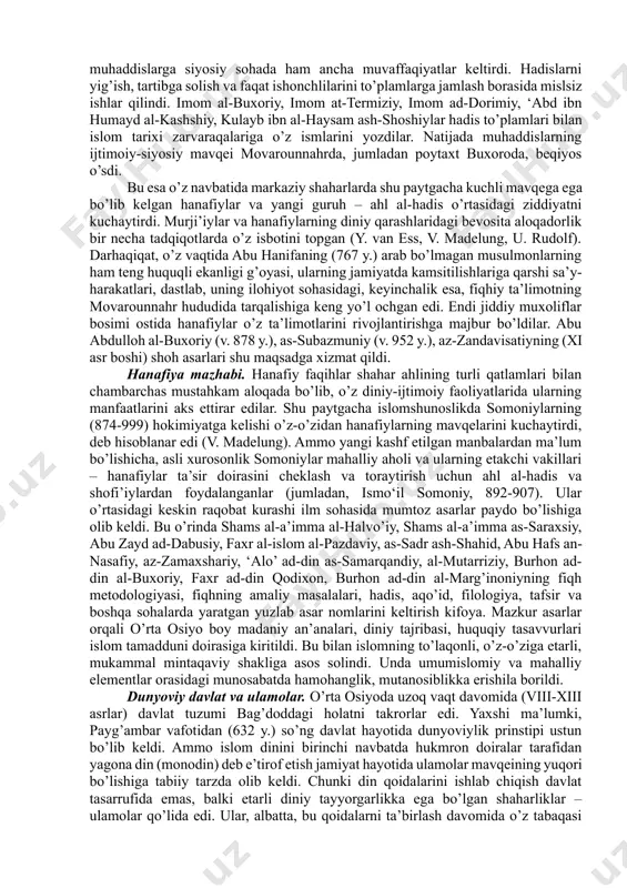 lik murji’iylar g’oyalari asosida ilohiyot fanida uch yirik ta’limot – najjoriya, karromiya va moturidiya shakllanadi. moturidiya kalom maktabining vujudga kelishida samarqand ulamolar muhiti katta rol o’ynadi. bu davrda movarounnahr siyosiy markazi arablar ta’siri ostida shakllangan buxoro shahri bo’lsa ham, madaniy va iqtisodiy hayotda so’g’diyonaning qadimgi poytaxti hali salmoqli o’rin tutar edi. milliy qadriyatlarni, jumladan ilohiyot sohasida eski an’analarni ko’proq saqlab qolgan samarqand madaniy muhitida yangi ta’limotning vujudga kelishi bejiz emas edi. u. rudolf tadqiqotlarining ko’rsatishicha, moturidiya ta’limotining paydo bo’lishi bir necha bosqichlarda yuz berdi. birinchi bosqich murji’iy-hanafiy ilohiyotchilari abu muqotil as-samarqandiy ( 823 y.) va ahmad ibn nasr al-‘atakiy (ix asr) nomlari bilan bog’liq. ikkinchi bosqichda samarqandda al-juzjoniya (abu bakr al-juzjoniy, abu mansur al-moturidiy, al-hakim as-samarqandiy), al-‘iyodiya (abu bakr al-‘iyodiy, abu ahmad al-‘iyodiy, abu salama as-samarqandiy) maktab vakillari faol harakat qildilar. ular shu diyorda faoliyat ko’rsatayotgan abu hafs al-buxoriy va nusayr ibn yahyo al-balxiy maktablari bilan birgalikda «ahl as-sunna va-l-jamo’a» …