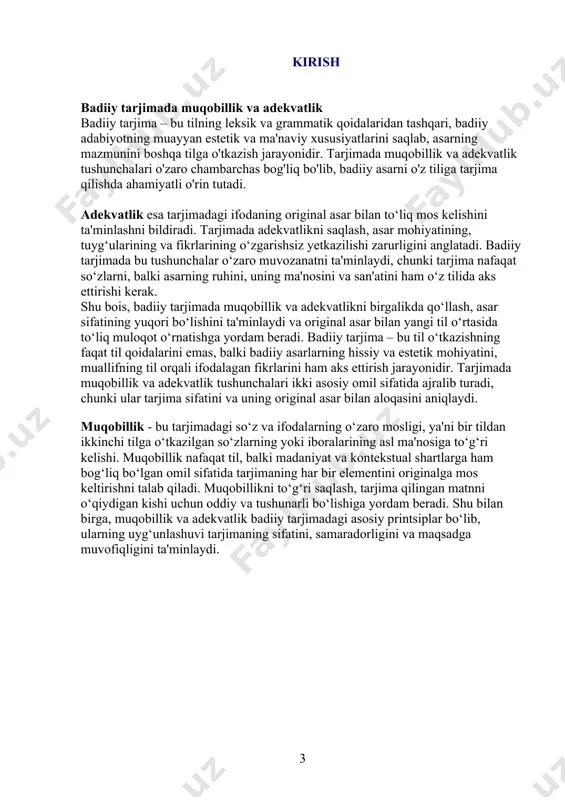 bir so‘z, har bir jumla, asar tushunchalarini ifodalashda muhim rol o‘ynaydi. muqobillik badiiy tarjimadagi markaziy tushunchalardan biridir. muqobillik — bu tarjima qilinayotgan matndagi har bir elementga muqobil ravishda tarjimonning o‘z tilida mos keladigan so‘z va ifodalarni tanlashi va asar muallifining niyatini saqlashni anglatadi. tarjimon original matndagi ma'lumotlarni aniq va to‘g‘ri tarjima qilishga harakat qiladi, lekin bu hamda yangi tilning grammatik va leksik tuzilmalari bilan mos bo‘lishi kerak. muqobillik – tarjimaning estetik jihatlarini saqlab, boshqa tilga o‘tkazilishini ta'minlashda muhim omil hisoblanadi. badiiy tarjimadagi muqobillik, tarjimonning o‘z tilini bilishi, matnni yaxshi tushunishi, originalning kontekstini saqlashga qaratilgan bir usulni o‘z ichiga oladi. badiiy tarjimada muqobillik faqat so‘zlarning mos kelishini talab qilmaydi. bu, aslida, matnning umumiy tuzilishini, ifodalash uslubini, janrni va adabiy elementlarini saqlashni anglatadi. muqobillikning muvaffaqiyatli bo‘lishi uchun, tarjimon matnni har jihatdan tushunib olish va uning haqiqiy ma'nosini o‘z tiliga to‘g‘ri tarjima qilishni maqsad qilishi zarur. muqobillikda tilning leksik va sintaktik o‘zgarishlari bilan …