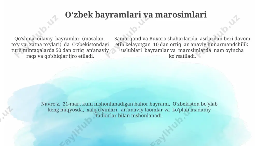 , dutar va dombora kabi cholgʻular, mahalliy musiqa uslublarini boyitadi. andijon viloyati, oʻzbek raqs sanʼatining markazi hisoblanib, 20 dan ortiq turli xil raqs turlarining, jumladan, "lazgi" va "qorakoʻl" raqslari kabi noyob variantlarining vujudga kelishiga sabab boʻlgan. andijon viloyati, oʻzbek raqs sanʼatining markazi hisoblanib, 20 dan ortiq turli xil raqs turlarining, jumladan, "lazgi" va "qorakoʻl" raqslari kabi noyob variantlarining vujudga kelishiga sabab boʻlgan. oʻzbekistonning jahon madaniyatiga qoʻshgan hissasi oʻzbekistonning samarqand shahridagi registon maydoni jahon meʼmorchiligi durdonalaridan biri boʻlib, 15-asrda qurilgan uchta madrasa – ulugʻbek, shir dor va tilla kori madrasalari bilan dunyoga mashhur. buxoro shahridagi poi kalyan majmuasi, 11-16-asrlar davomida qurilgan masjid, minorasi va madrasalari bilan, oʻzining noyob meʼmorchiligi va 20 dan ortiq tarixiy obidalari bilan butun dunyo sayyohlarining eʼtiborini tortadi. amir temur davrida (14-asr) oʻzbekistonda miniatyura sanʼati yuksak darajaga yetdi, jahonga mashhur 100 dan ortiq miniatyura asarlari yaratildi, ularning aksariyati hozirgi kunda dunyo muzeylarida saqlanmoqda. oʻzbekiston zamonaviy sanʼati samarqand va …