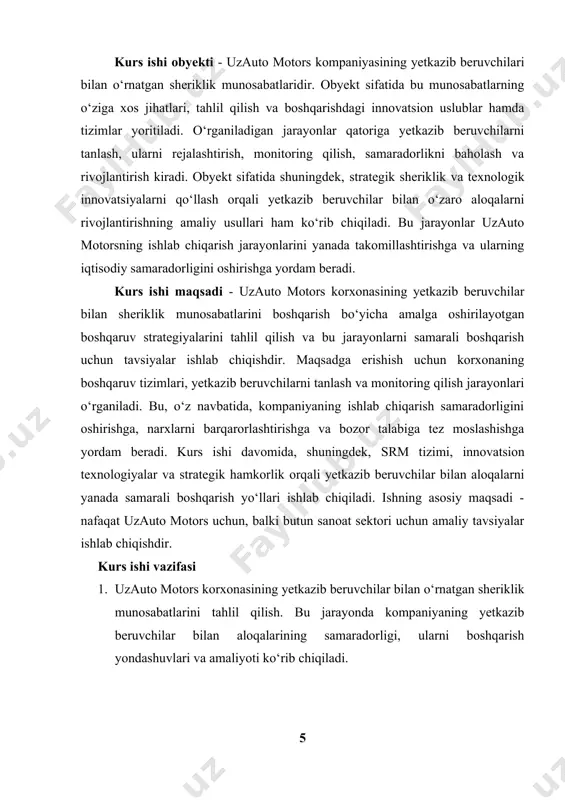 biri hisoblanadi. bugungi raqobatbardosh bozor sharoitida biror korxona mustaqil tarzda barcha jarayonlarni bajara olmaydi. shu sababli, mahsulot va xizmatlar ishlab chiqarish zanjirining samarali ishlashi bevosita yetkazib beruvchilar va sheriklar bilan to‘g‘ri tashkil etilgan munosabatlarga bog‘liq bo‘ladi. yetkazib beruvchi — bu ishlab chiqaruvchi korxonaga xom-ashyo, butlovchi qismlar, materiallar yoki tayyor mahsulotlar yetkazib beruvchi yuridik yoki jismoniy shaxsdir. ular ishlab chiqarishning boshlang‘ich bosqichini ta’minlab beradi va bu orqali korxona faoliyatida muhim o‘rin egallaydi. yetkazib beruvchilarsiz ishlab chiqarish jarayonining uzluksizligi, mahsulot sifati va ishlab chiqarish hajmi xavf ostida qoladi. ayniqsa, avtomobilsozlik, elektrotexnika, oziq-ovqat sanoati kabi tarmoqlarda bir nechta va turli darajadagi yetkazib beruvchilar bilan ishlash alohida strategik yondashuvni talab qiladi. sheriklik (hamkorlik) esa bu ikki yoki undan ortiq subyektlar o‘rtasida o‘zaro manfaatdorlik, ishonch va uzoq muddatli rejalar asosida shakllangan aloqalardir. sheriklik orqali korxonalar nafaqat moddiy resurslar almashinadi, balki bilim, texnologiya, bozor strategiyasi, innovatsion yondashuvlar kabi noan’anaviy boyliklarni ham bir-birlariga taqdim etadilar. bunday yondashuv …