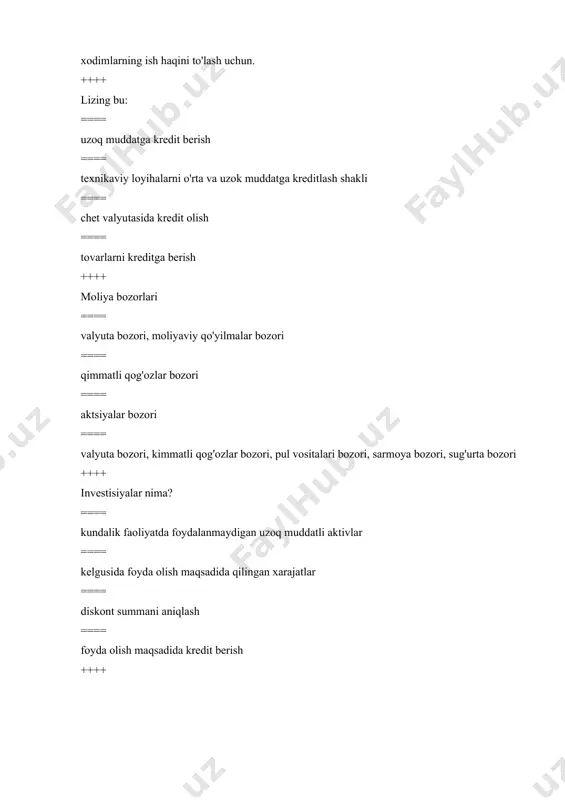 el, obligasiya, aktsiya ==== aktsiya, veksel, inkassa, akkreditiv ==== akkreditiv, tulov topshirik nomalari ==== tulov topshiriknomalari, talabnomalari, akkreditivlar, cheklar, veksellar ++++ kimmatli kogozlar bu: ==== aktsiya, obligasiya, xosilaviy kimmatli kogozlari, veksel ==== lotareya ==== cheklar ==== talabnomalar. ++++ to'lov topshiriknomasi – bu : ==== korxonaning uz xisob rakamini uzgartirishi ==== korxonaning unga xizmat kursatayotgan bankka korxona xisobidan ma'lum mablagni tulab berish xakidagi topshirigi ==== xisob egasi xisobidan oluvchi xisobidan muayyam summani utkazib berish ==== korxonaning majburiyyatlarini bank orkali undirib olish ++++ akkreditiv. ==== bankda kushimcha xisob rakam ochish ==== xisob egasi xisobidan muayyan summani uchirish ==== xisob rakamni uzgartirish ==== mijozning topshirigi bilan bank tomonidan mijozning shartnoma buyicha kontragentir oldida olinayotgan shartli pul majburiyati ++++ nol kuponli obligatsiyalar tavsifiga tegishli emas... ==== joriy foiz to'lovlarining yo'qligi ==== obligatsiyalar disagio (chegirma)bilan joylashtiriladi ==== obligatsiyalar mukofot bilan joylashtiriladi ==== emitentning kreditga layoqati yuqori bo'lishi kerak, yoki oddiy obligatsiya emitenti ++++ jaxon tajribasida …