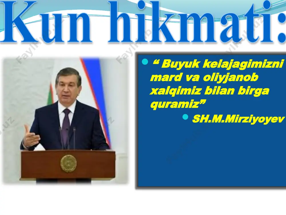 germaniya dunyoni qayta bo’liishni talab qilayotgan edi fransiya italiya da’vo qilayotgan hududlar fransiya ixityorida edi rossiya avstriya-vengriya dav’o qilayotgan hududlar rossiya ta’siri ositda edi ittifoqchi davlatlar urush arafasida yashil rangda antanta (buyuk britaniya, fransiya va rossiya); jigar rangda uchlar ittifoqi (germaniya, avstriya-vengriya va italiya) davlatlari ko’rsatib o’tilgan. 2-reja: urushning boshlanishi va uning natijalari birinchi jahon urushining boshlanib ketishiga 1914-yilning 28-iyunida serbiyalik millatchi g.prinsip tomonidan sarayevoda avstriya-vengriya taxti vorisi f.ferdinandni o’ldirilishi bahona bo’ldi sarayevodagi qotilik urushning borishi 1-jahon urushi 1914-yilning yozida avstriya-vengriyaning serbiyaga hujumi bilan boshlanib ketdi. bunga javoban rossiya avstriya-vengriyaga, germaniya rossiya va fransiyaga, buyuk britaniya esa germaniyaga urush e’lon qildi. urushda dunyoning 38 ta davlati ishtirok etgan. urush boshlangach “antanta” italiyani o’z tomoniga o’gdirib olishga erishdi birinchi jahon urushida qo’llanilgan qurollar: suv osti kemasi xlorli gaz tank germaniya suvosti kemalari katta yo’lovchi tashuvchi kemalarga ham hujum qildi. jumladan, 2000 dan ortiq yo’lovchisi bo’lgan “luzitaniya” kemasi shulardan biri edi. hujum …