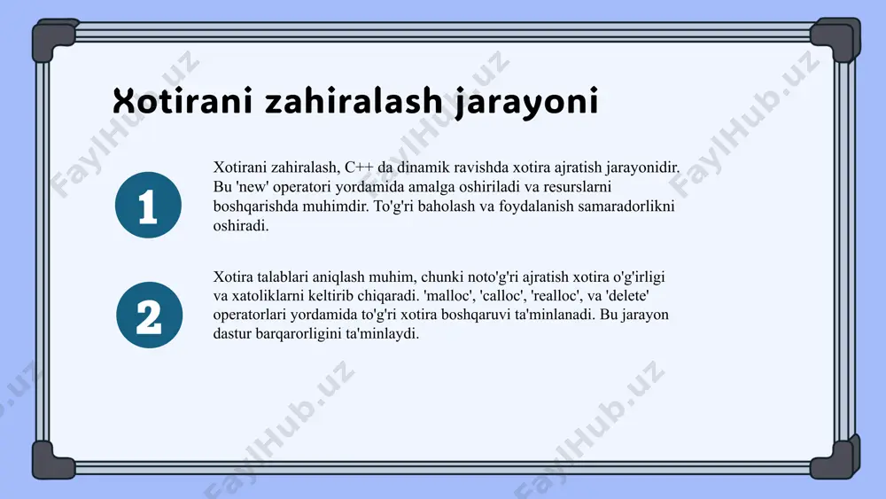 hun, funksiyalar davomida mavjud. bu xotira turlari dastur samaradorligi va xatolarini boshqarishda muhim. statik xotira taqsimoti statik xotira taqsimoti dastur bajarilishi davomida, compile vaqtida ajratiladi. bu o'zgaruvchilar global va static bo'lib, ularning hayoti dastur bilan birga davom etadi. masalan, static int count = 0; bu statik o'zgaruvchi bo'lib, dastur davomida qiymati saqlanadi. ular xotira joylashuvida statik segmentda joylashadi va dastur yakuniga qadar mavjud bo'lib qoladi. bu xotira turi yuqori samaradorlikni ta'minlaydi, ammo resurslarni ko'proq talab qiladi. masalan, global yoki static o'zgaruvchilar bu segmentda bo'ladi. dinamik xotira taqsimoti dinamik xotira taqsimoti - dasturda 'new' operatori yordamida xotira ajratish jarayonidir. masalan, 'int* p = new int;' satri yangi butun son uchun xotira ajratadi. bu, xotira talabiga mos ravishda resurslarni boshqarishga imkon beradi. 'delete' operatori yordamida ajratilgan xotira bo'shatiladi. masalan, 'delete p;' xotira resurslarini ozod qiladi. bu, xotira resurslarini samarali ishlatish va xotira o'g'irlash xavfini kamaytirishga yordam beradi. dinamik xotira taqsimoti o'zining moslashuvchanligi, …