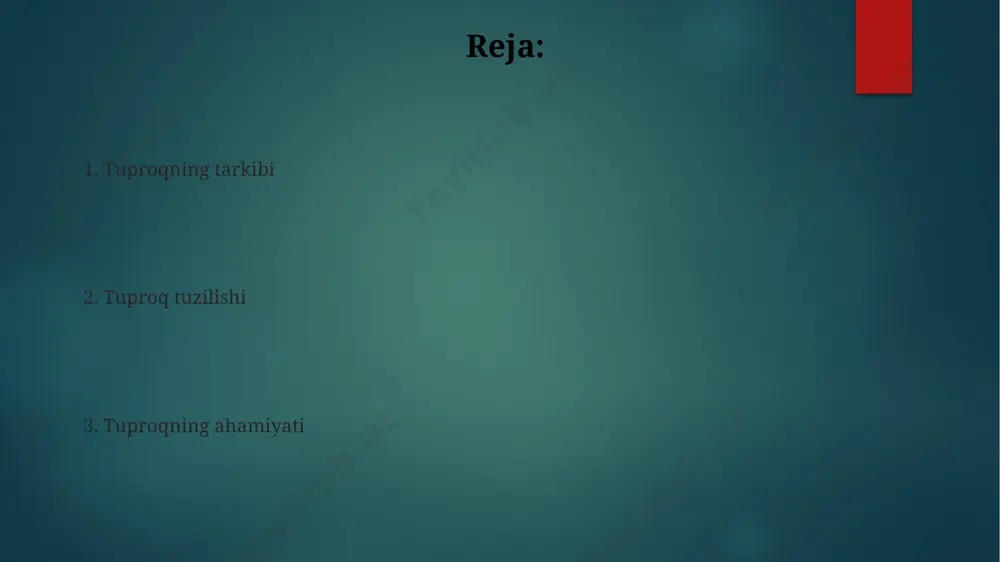 irilmoqda. tuproq qatlamlari oʻzbekistonning fargʻona vodiysidagi tuproq qatlamlarining chuqurligi 1,5-2 metrgacha yetishi mumkin, bu unumdor qatlamning qalinligi 30-50 sm ni tashkil etadi va uning tarkibi loy, qum va ozuqa moddalariga boy. toʻrtburchak qatlamli tuproqlar, masalan, qoraqalpogʻistonning choʻl zonalarida uchraydi va ularning qatlamlari 10-20 sm qalinlikda, 3-5 qatlamdan iborat boʻlib, har bir qatlamning tarkibi bir-biridan farq qiladi. tuproqning fizikaviy xossalari tuproqning zichligi, masalan, qumli tuproqlarda 1,5 g/sm³ atrofida, loy tuproqlarda esa 1,8 g/sm³ gacha yetishi mumkin, bu esa suv va havo o'tkazuvchanligiga ta'sir qiladi. o'zbekistonning cho'l mintaqalarida zichlik yuqori bo'ladi. tuproqning strukturasi uning unumdorligiga sezilarli darajada ta'sir qiladi. masalan, 0,25-0,5 mm o'lchamli agregatlarga ega tuproqlar 70% gacha yuqori hosil beradi. andijon viloyatidagi unumdor tuproqlarda bunday agregatlar ko'p uchraydi. tuproqning tuzilishi oʻzbekistonning fargʻona vodiysidagi tuproqlarning 70% gacha qismi unumdor qora tuproq boʻlib, ularning tuzilishi asosan gʻovakli va yaxshi havalanish xususiyatiga ega. qoraqalpogʻiston choʻllarida uchraydigan qumli tuproqlarning tuzilishi donador boʻlib, suv va ozuqa …